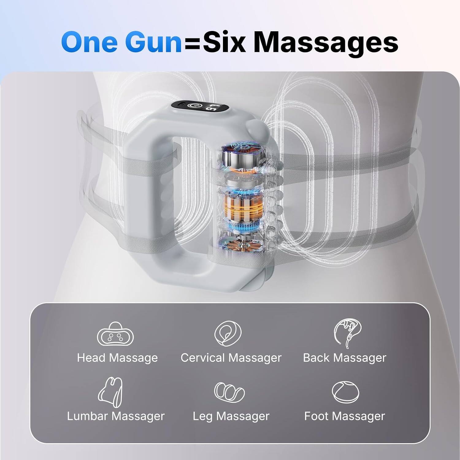 One Gun=Six Massages

Head Massage
Cervical Massager
Back Massager
Lumbar Massager
Leg Massager
Foot Massager