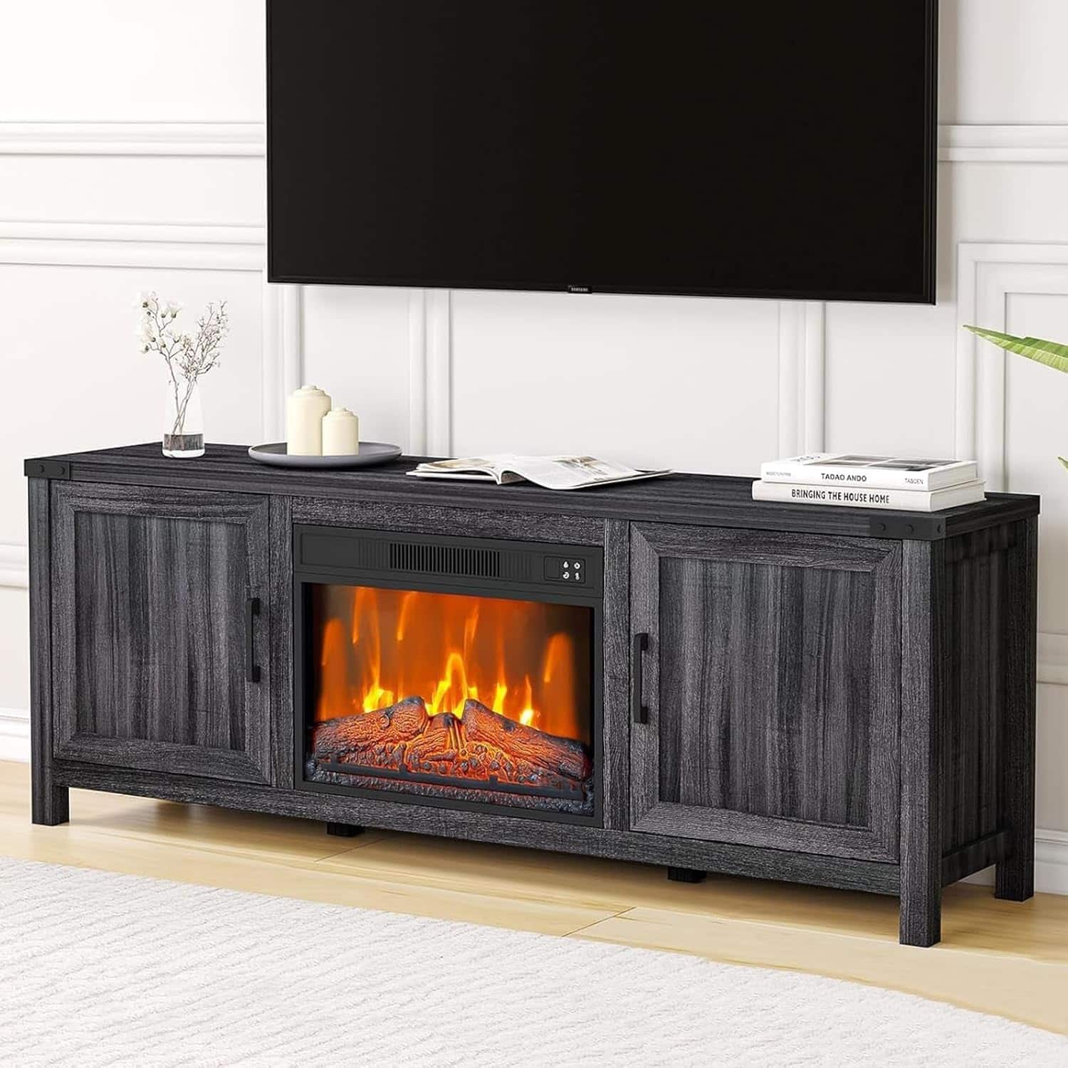 Qeetex - 67" Fireplace TV Stand with 23" Insert Electric Fireplace, LED Media Console with Barn Doors & Storage - Black