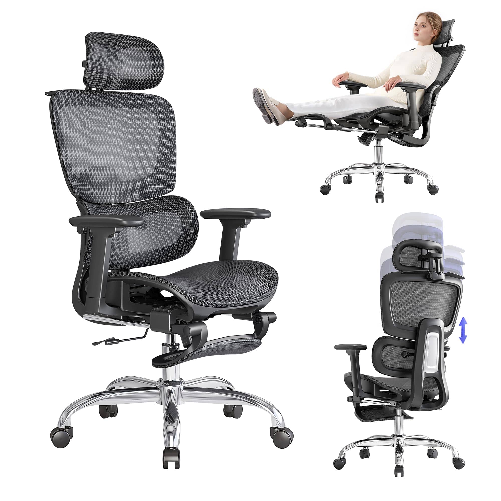 Hirose Alice - Office Chair with Footrest, Ergonomic Chair with 3D Headrest, Computer Chair with Adjustable Backrest & 3D - Black Lite