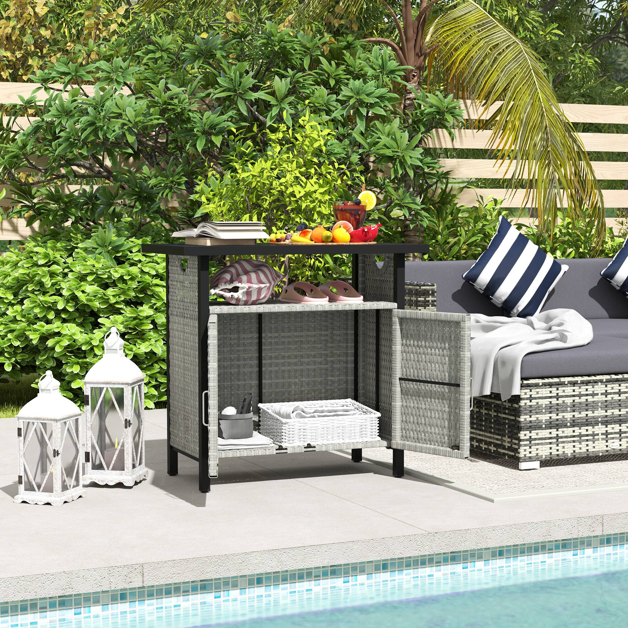 Alt View 1. Outsunny - Outdoor Pool Towel Storage Cabinet Organizer, Outdoor Bar Table with Shelf and Cabinet, Pool Towel Holder Pool Valet - Gray.