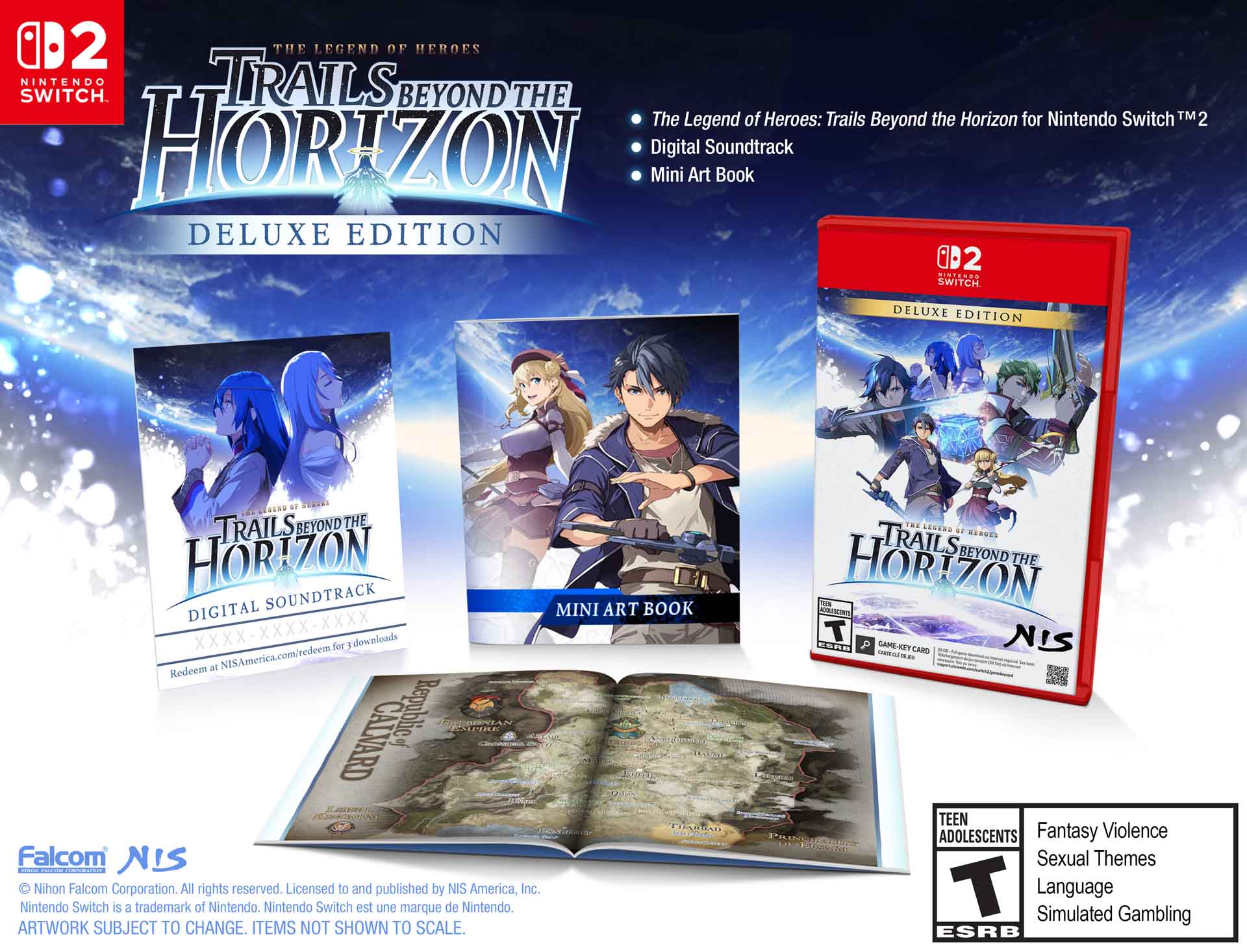 The Legend of Heroes: Trails Beyond the Horizon for Nintendo Switch Deluxe Edition includes a digital soundtrack, mini art book, and game key card. The game is rated Teen for Fantasy Violence, Sexual Themes, and Language. The box art features characters from the game, and the game is published by NIS America.