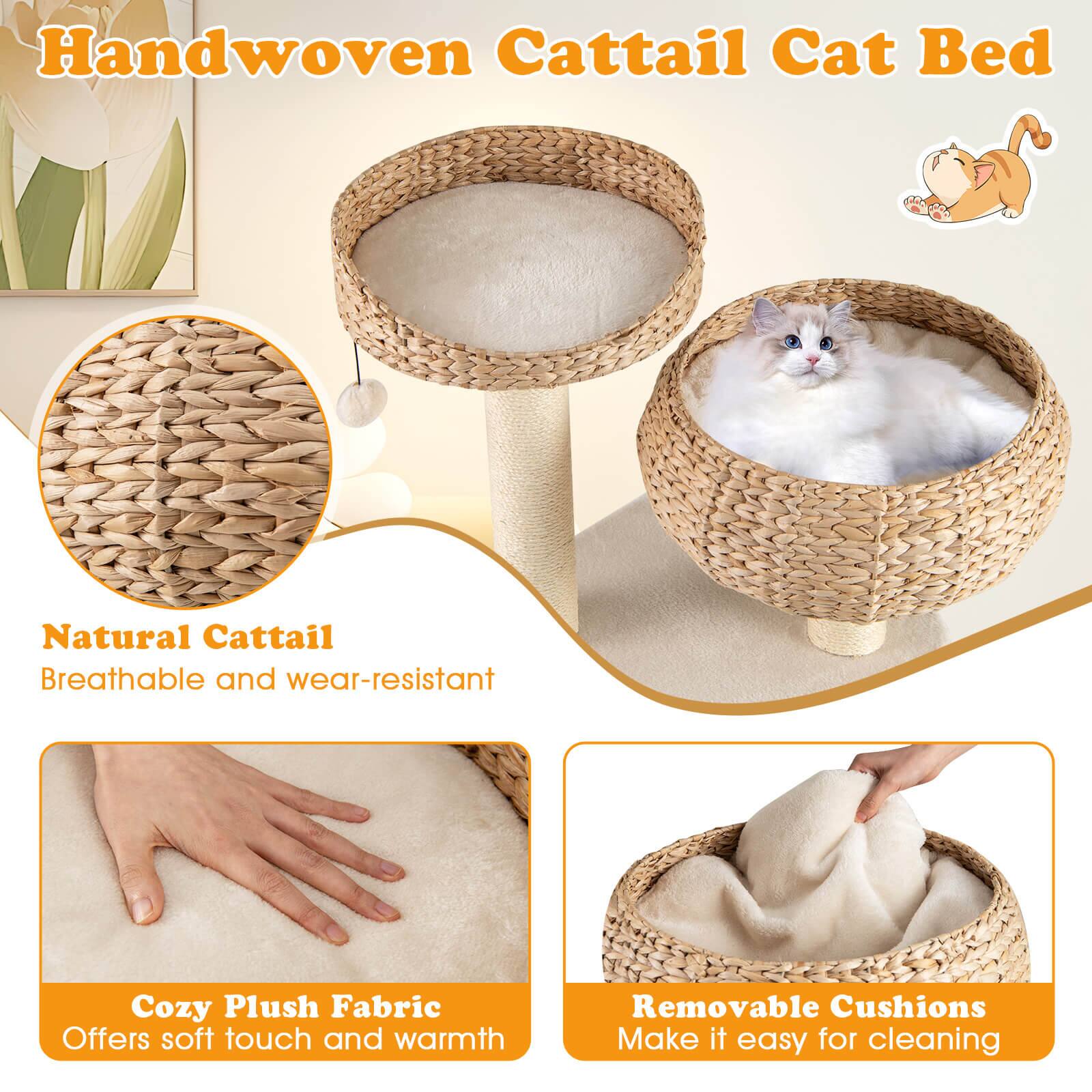 Handwoven Cattail Cat Bed

Natural Cattail  
Breathable and wear-resistant

Cozy Plush Fabric  
Offers soft touch and warmth

Removable Cushions  
Make it easy for cleaning
