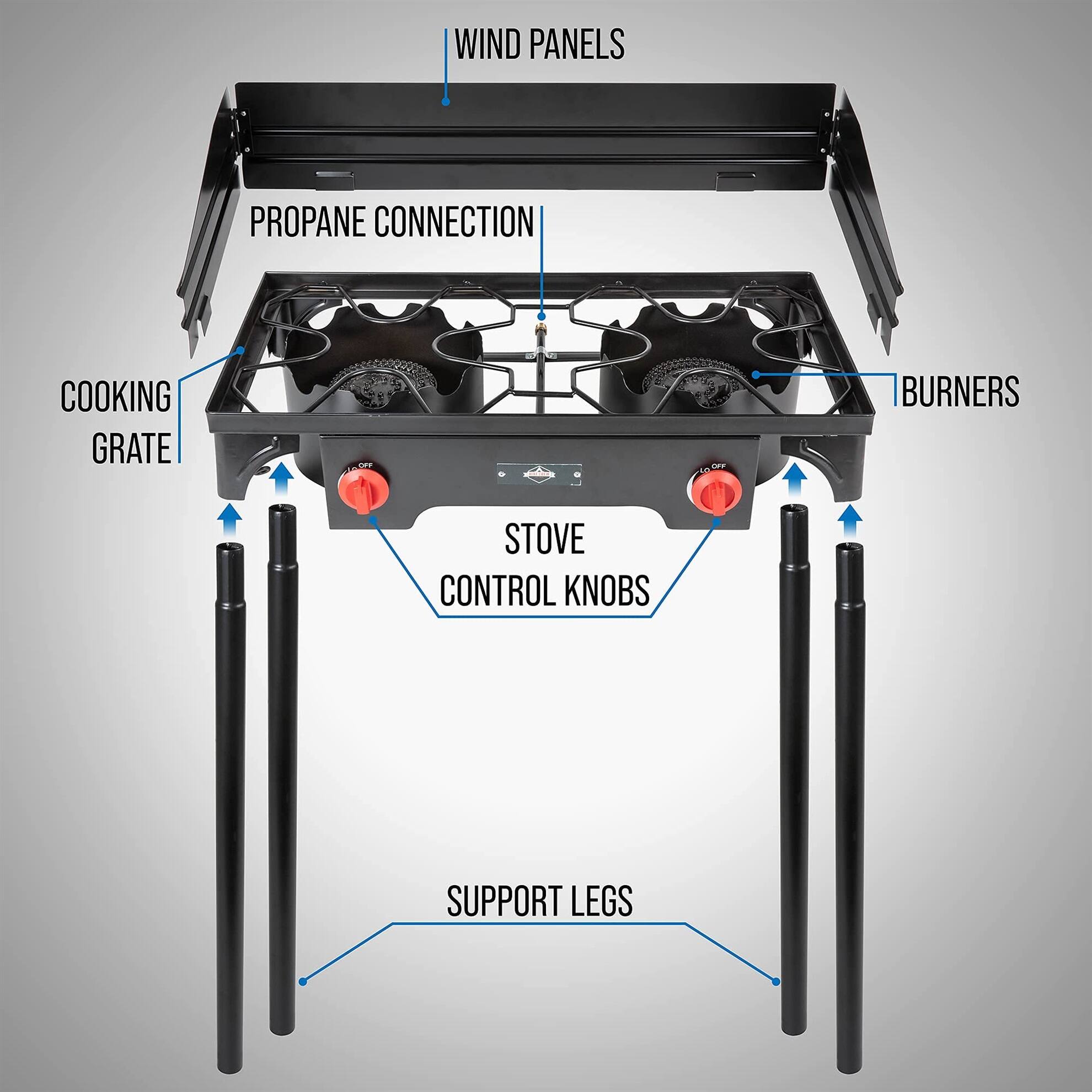 WIND PANELS, PROPANE CONNECTION, COOKING GRATE, BURNERS, STOVE CONTROL KNOBS, SUPPORT LEGS