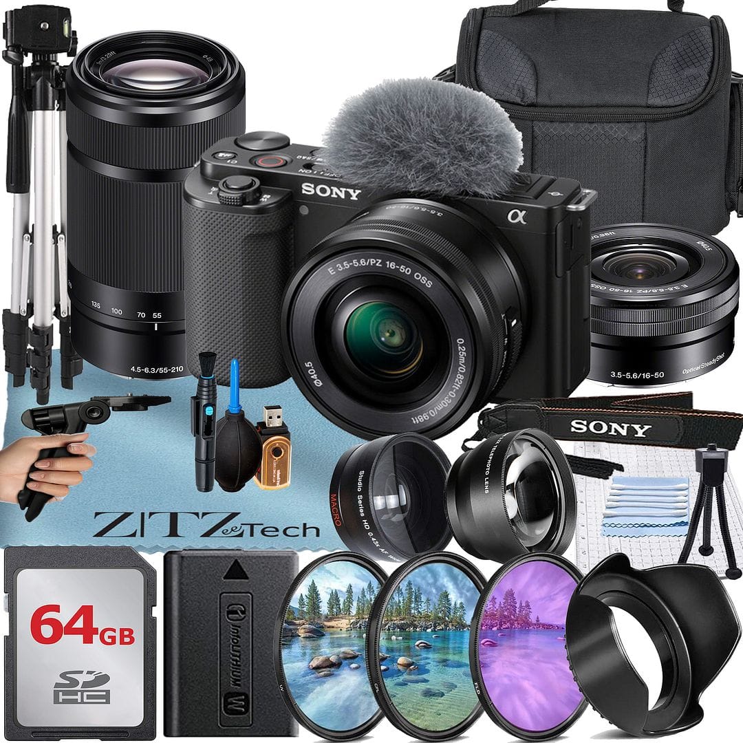 Sony - ZV-E10 Mirrorless Camera with 16-50 + 55-210 Lens + 64GB Card + Tripod + ZeeTech Bundle (International Version) - Black