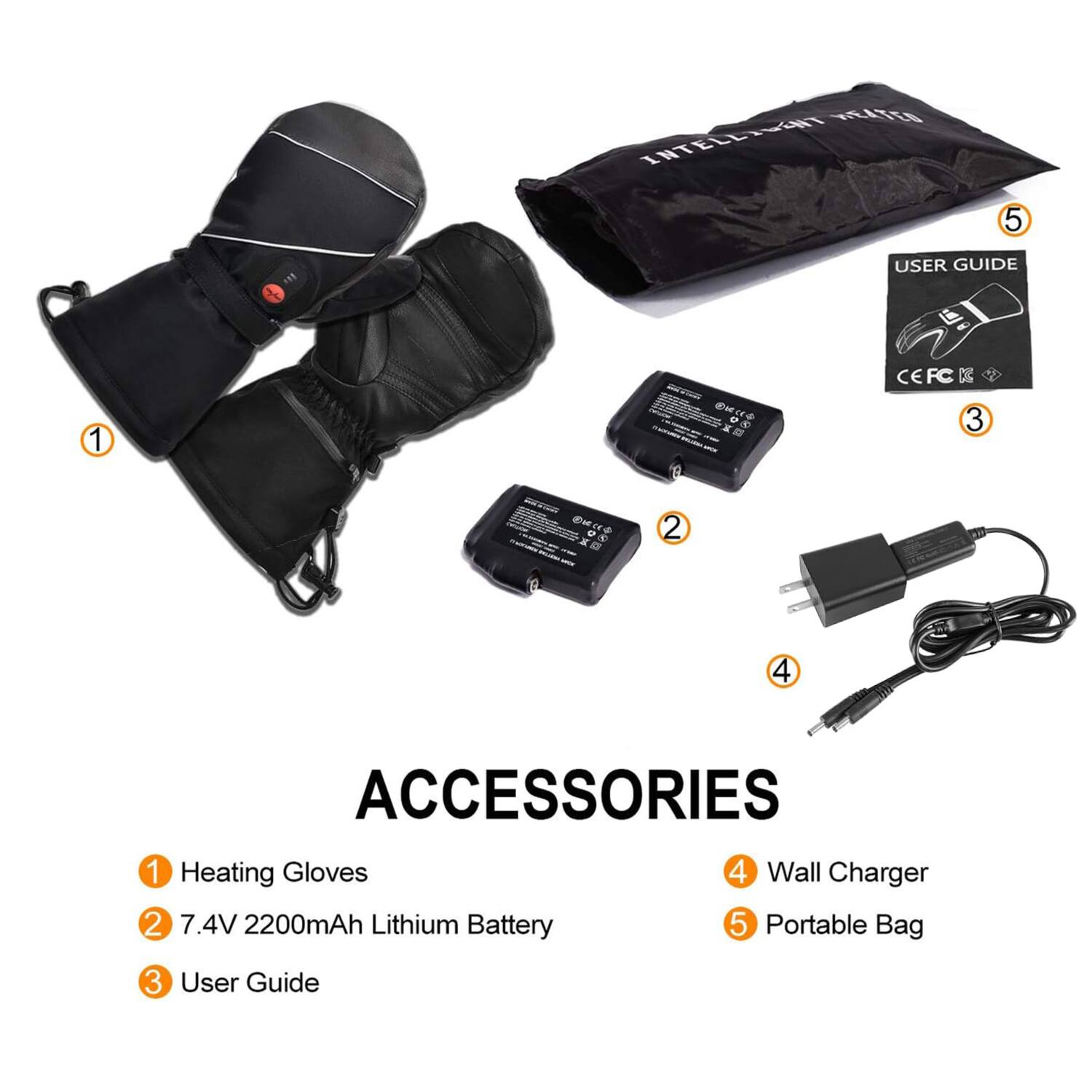 HEATED INTELLIGENT  
5  
USER GUIDE  
1  
K "  
CEFC 3  
se   Q  X 23  
4  
ACCESSORIES  
1 Heating Gloves  
2 7.4V 2200mAh Lithium Battery  
3 User Guide  
4 Wall Charger  
5 Portable Bag