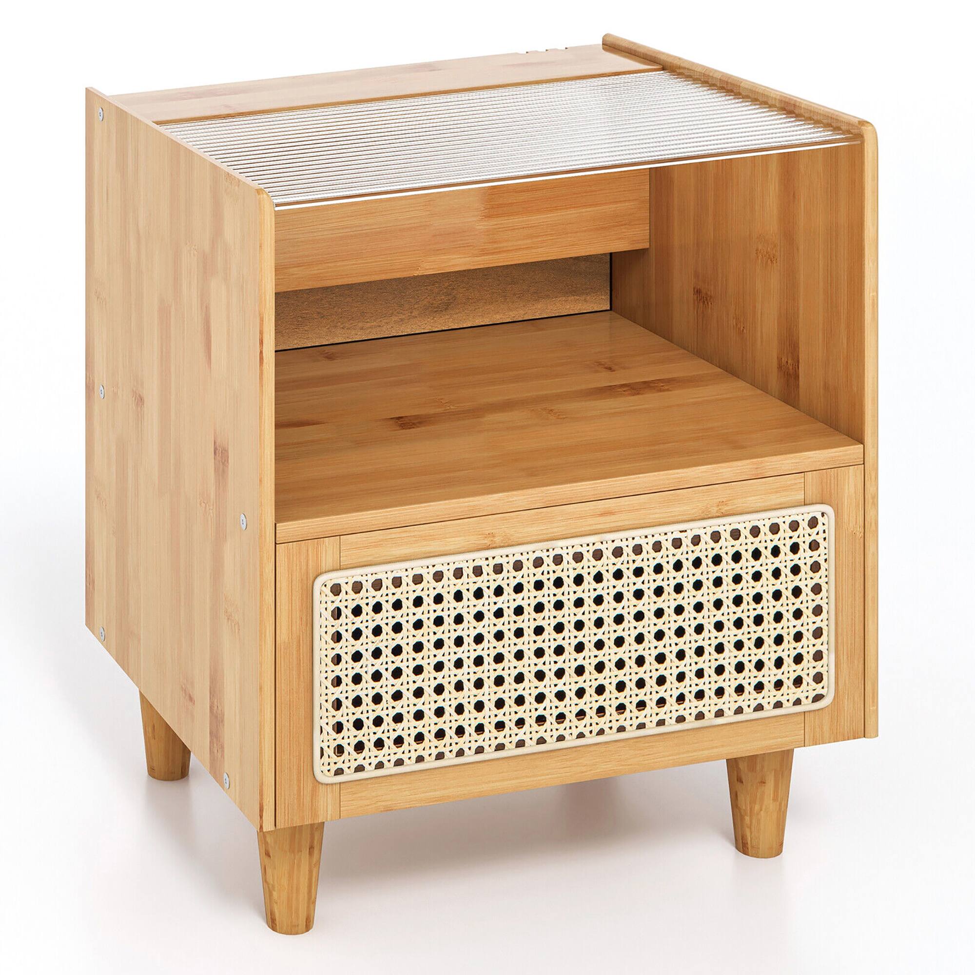 Alt View 18. Costway - Bamboo Rattan Nightstand Boho Bedside End Table with  Drawer & Wood Legs - Natural.