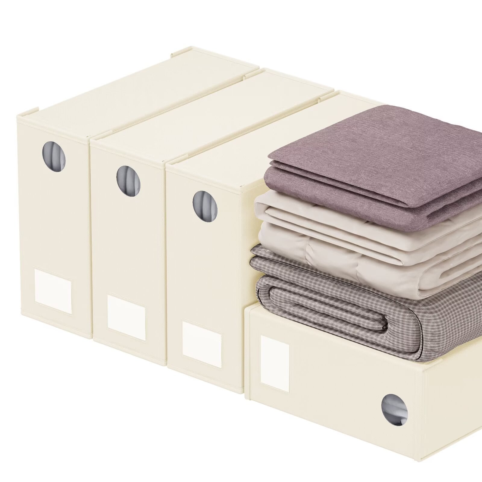 Tooloton - Bed Sheet Organizers 4 Pack, Linen Closet Storage with Window, Queen King Size Bedding Container - Beige