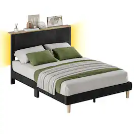 Bestier - Bed Frame Upholstered Platform Gaming Bed with LED Light & Adjustable Storage Headboard for Bedroom-Queen Size - Black