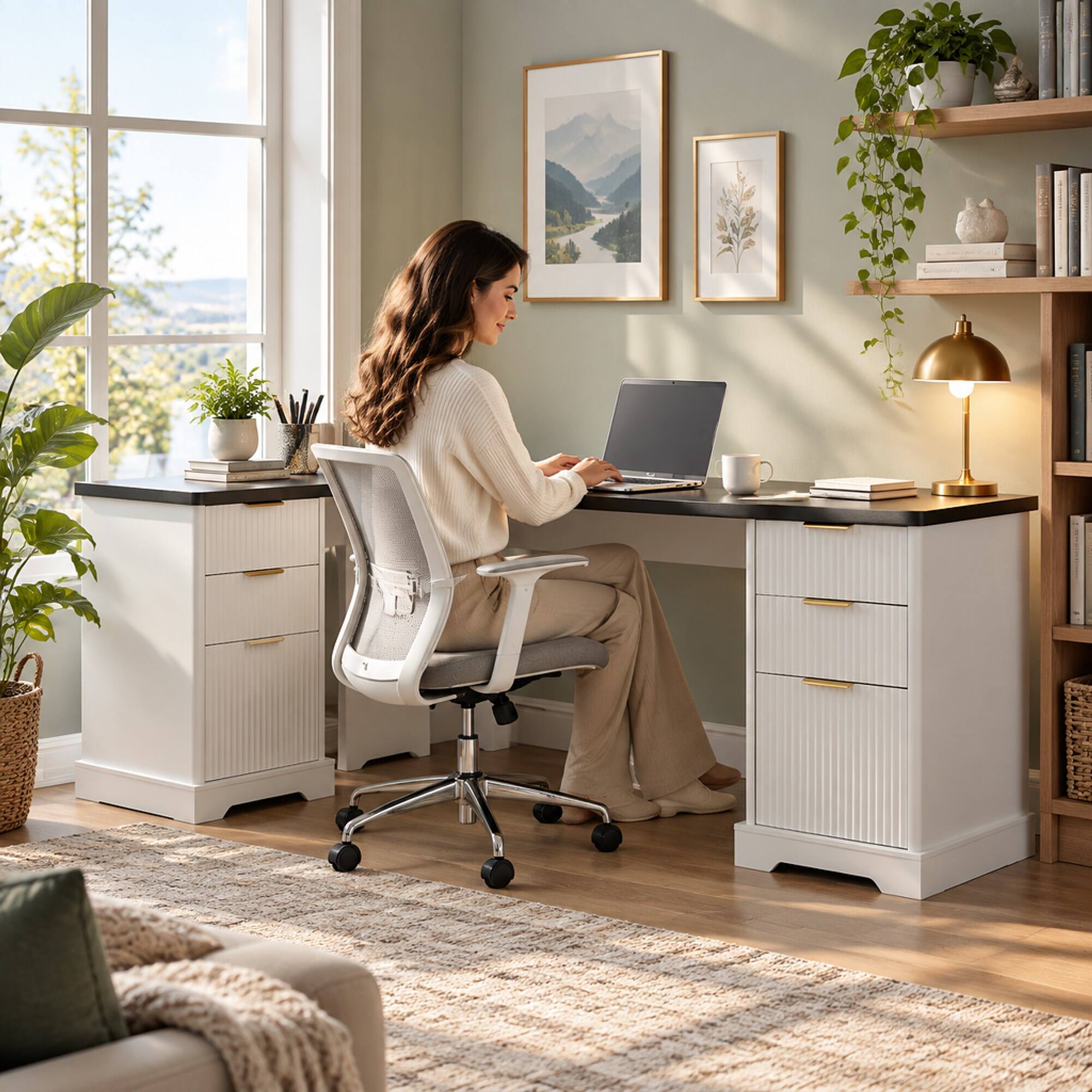 RYHNUYNE Modern Fluted L Shaped Desk, 59.45 MDF with Charging Station ...