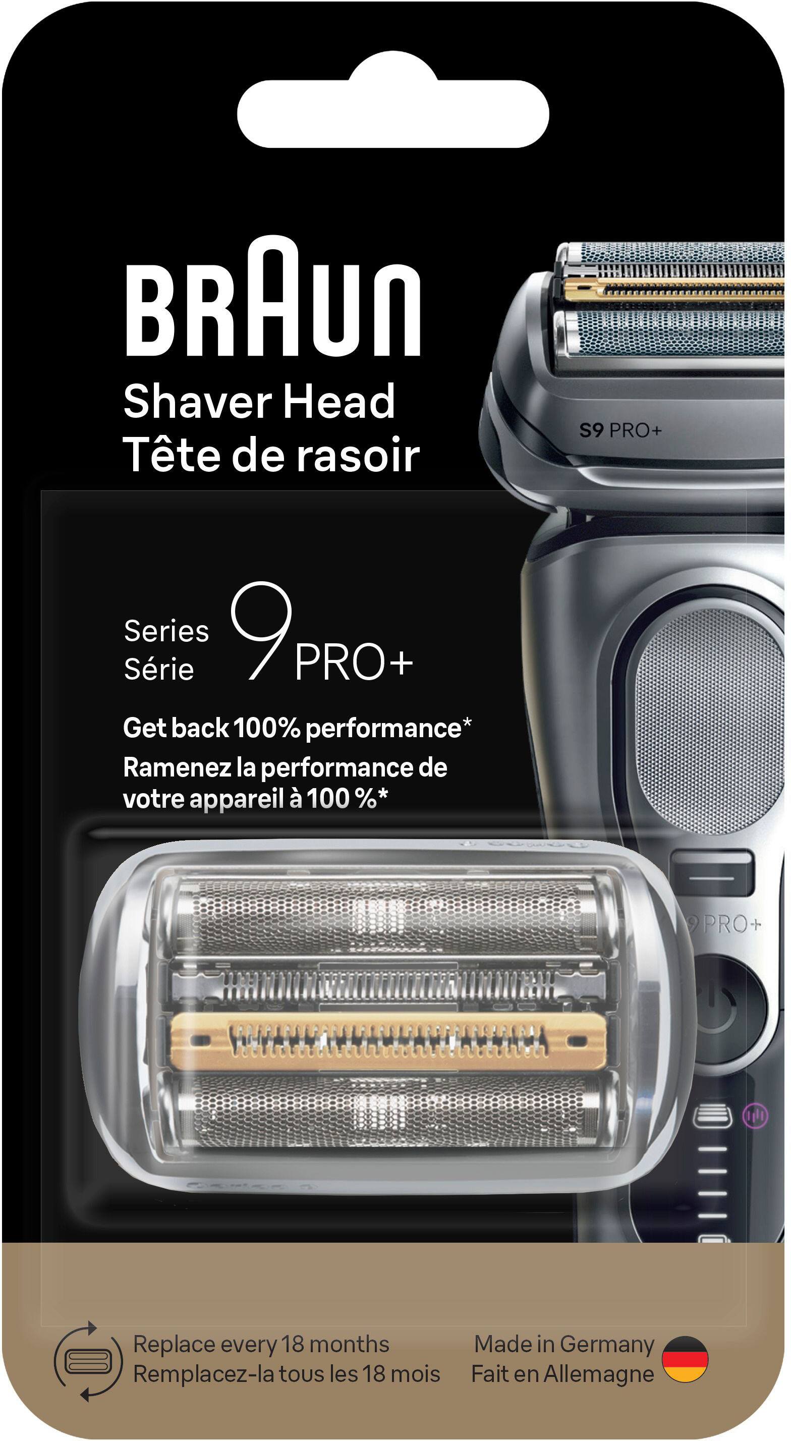 BRAUN Shaver Head  
Tête de rasoir  

Series 9 PRO+  
Série 9 PRO+  

Get back 100% performance*  
Ramenez la performance de votre appareil à 100%*  

Replace every 18 months  
Remplacez-la tous les 18 mois  

Made in Germany  
Fait en Allemagne