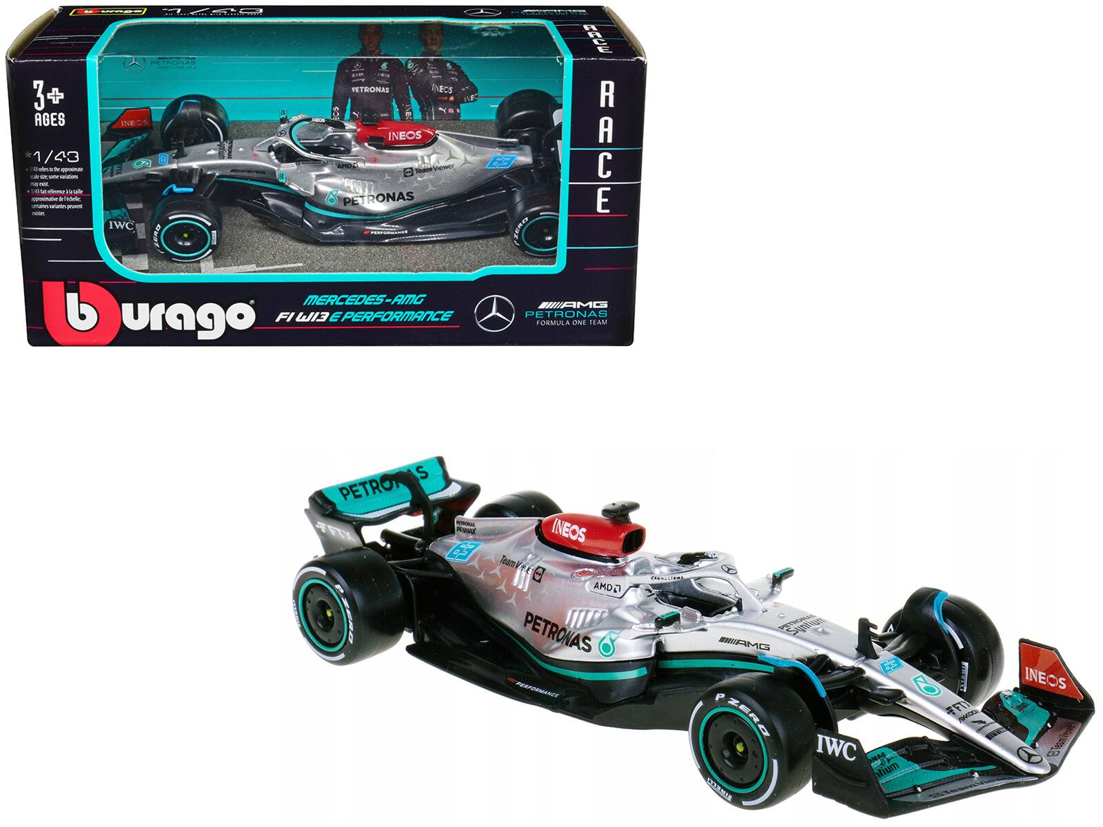 Bburago - Mercedes-AMG F1 W13 E Performance #63 George Russell "F1 Formula One World Championship" (2022) 1/43 Diecast - Silver