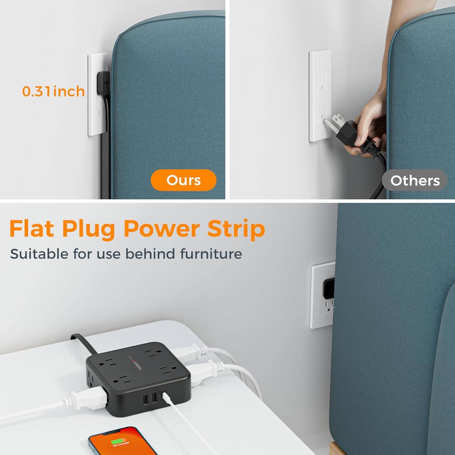 0.31 inch  
Ours  
Others  

Flat Plug Power Strip  
Suitable for use behind furniture
