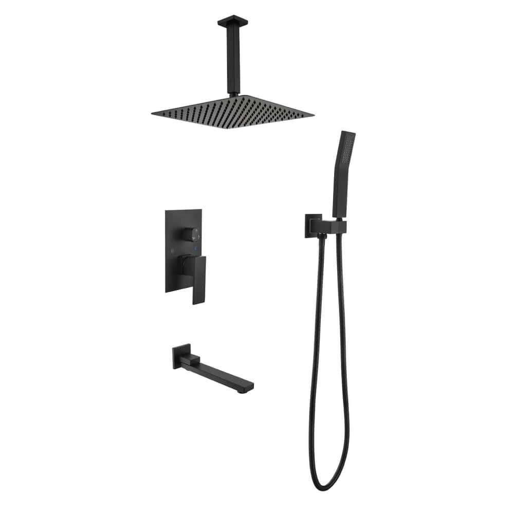 JUJABU - Shower System with 16 inch Shower Head and Tub Spout - Matte Black