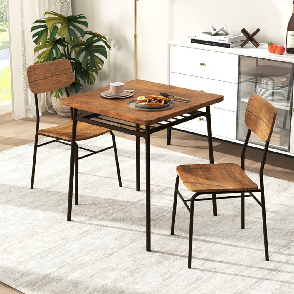 Back. Pefilos - 3 Piece Dining Table Set for 2, Wood Square Table with Metal Frame, Multifunctional Kitchen Table - Brown.
