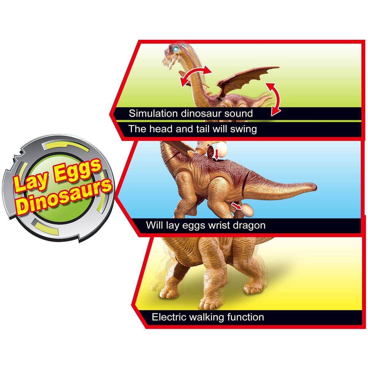- Simulation dinosaur sound
- The head and tail will swing
- Will lay eggs wrist dragon
- Electric walking function