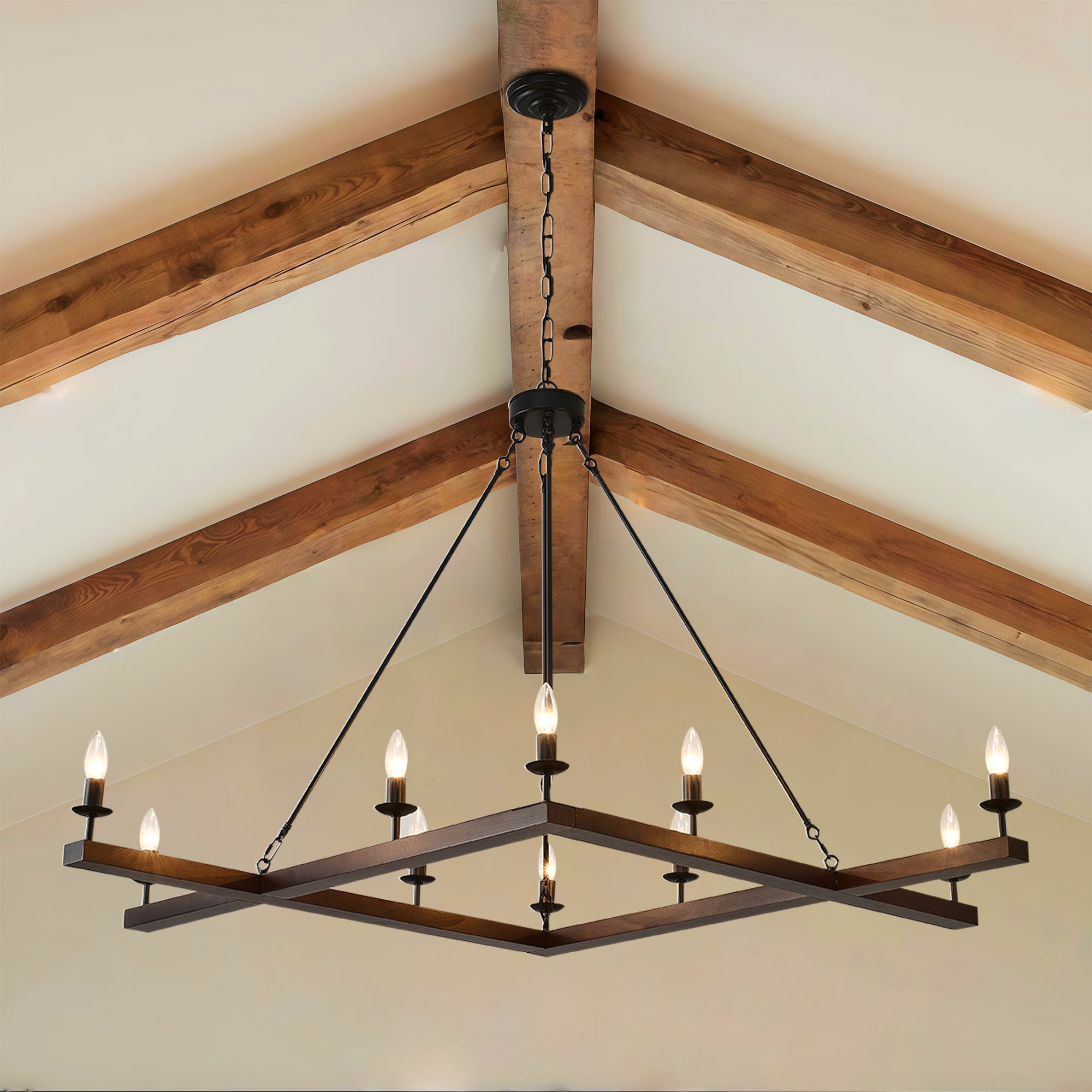 Front. RYHNUYNE - 10-Light Farmhouse Chandeliers, 37'' Rustic Square Chandelier Light Fixture, Industrial Pendant Light Fixture for Dining - Black.