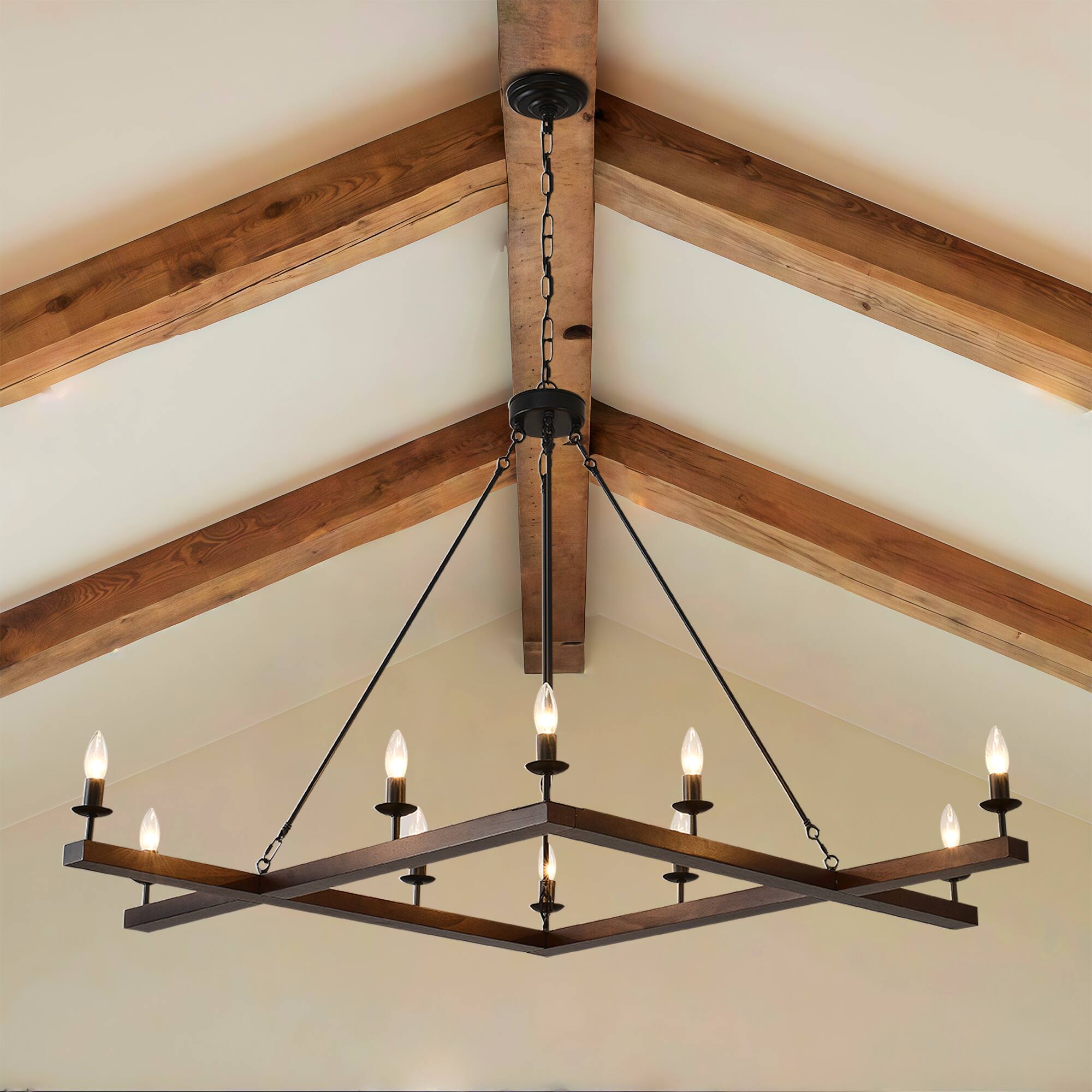 Front. RYHNUYNE - 10-Light Farmhouse Chandeliers, 37'' Rustic Square Chandelier Light Fixture, Industrial Pendant Light Fixture for Dining - Black.