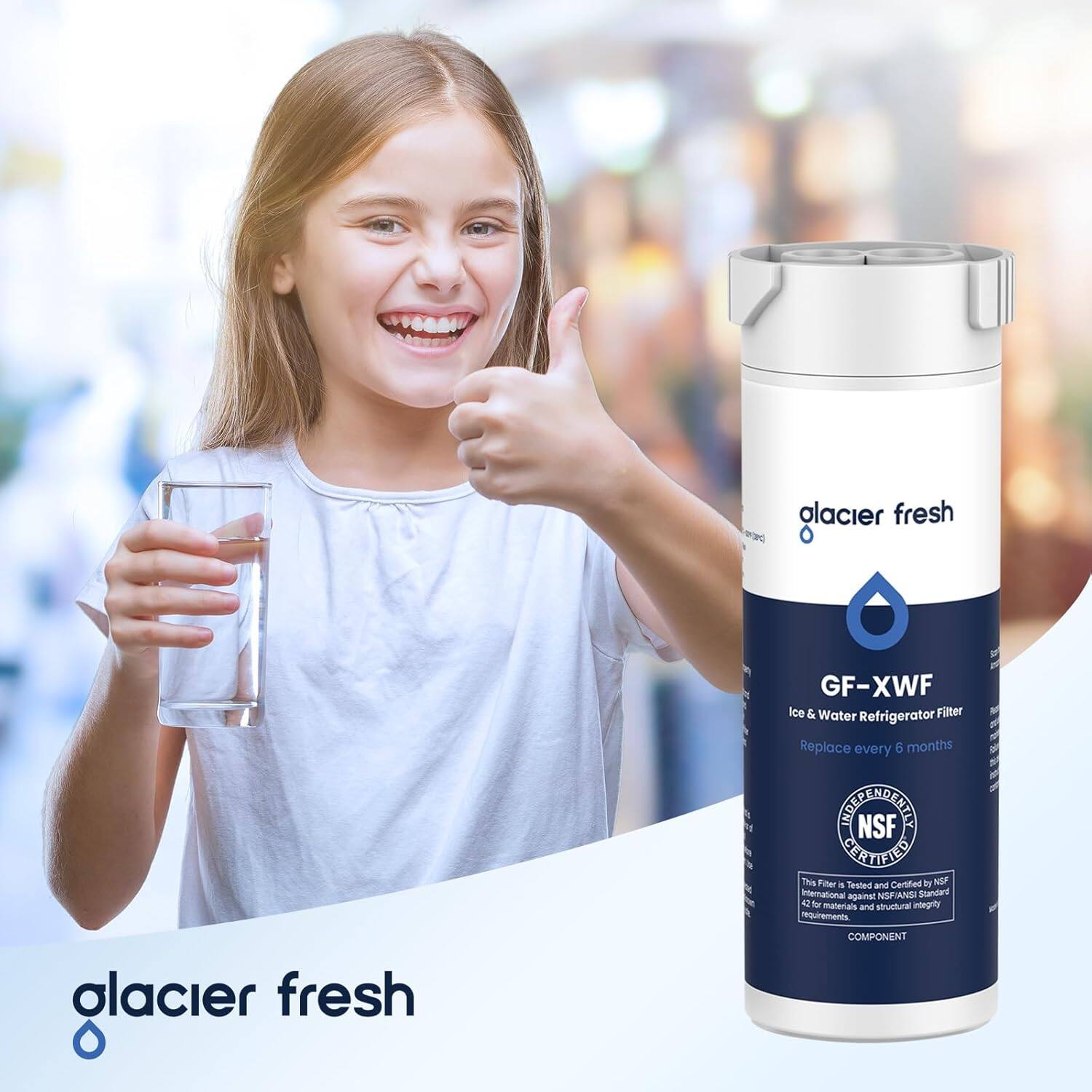 glacier fresh

GF-XWF  
Ice & Water Refrigerator Filter  
Replace every 6 months

This Filter is Tested and Certified by NSF International against NSF/ANSI Standard 42 for materials and structural integrity requirements.

COMPONENT