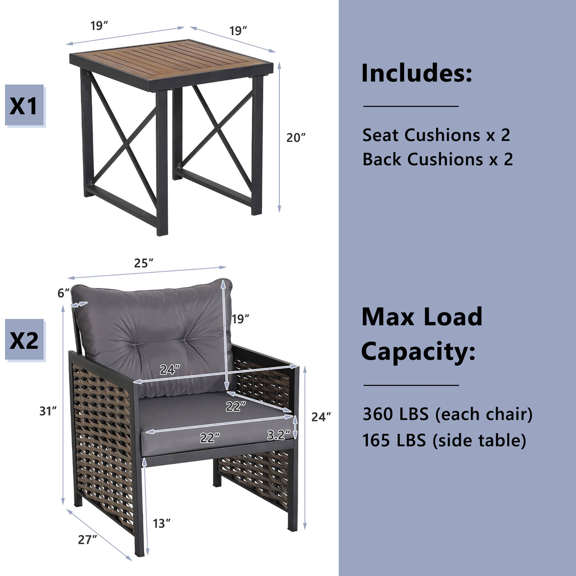 19" x 19" x 1 20"  
Includes: Seat Cushions x 2 Back Cushions x 2  
25" x 6" 24" 19"  
Max Load Capacity: 31" 22 22" 3.2" 24" 360 LBS (each chair) 165 LBS (side table) 27" 13"  

Corrected:  
19" x 19" x 1 20"  
Includes: Seat Cushions x 2 Back Cushions x 2  
25" x 6" 24" 19"  
Max Load Capacity: 31" 22 22" 3.2" 24" 360 LBS (each chair) 165 LBS (side table) 27" 13"  

Grouped:  
- Table: 19" x 19" x 1 20"  
- Chairs: 25" x 6" 24" 19"  
- Max Load Capacity: 31