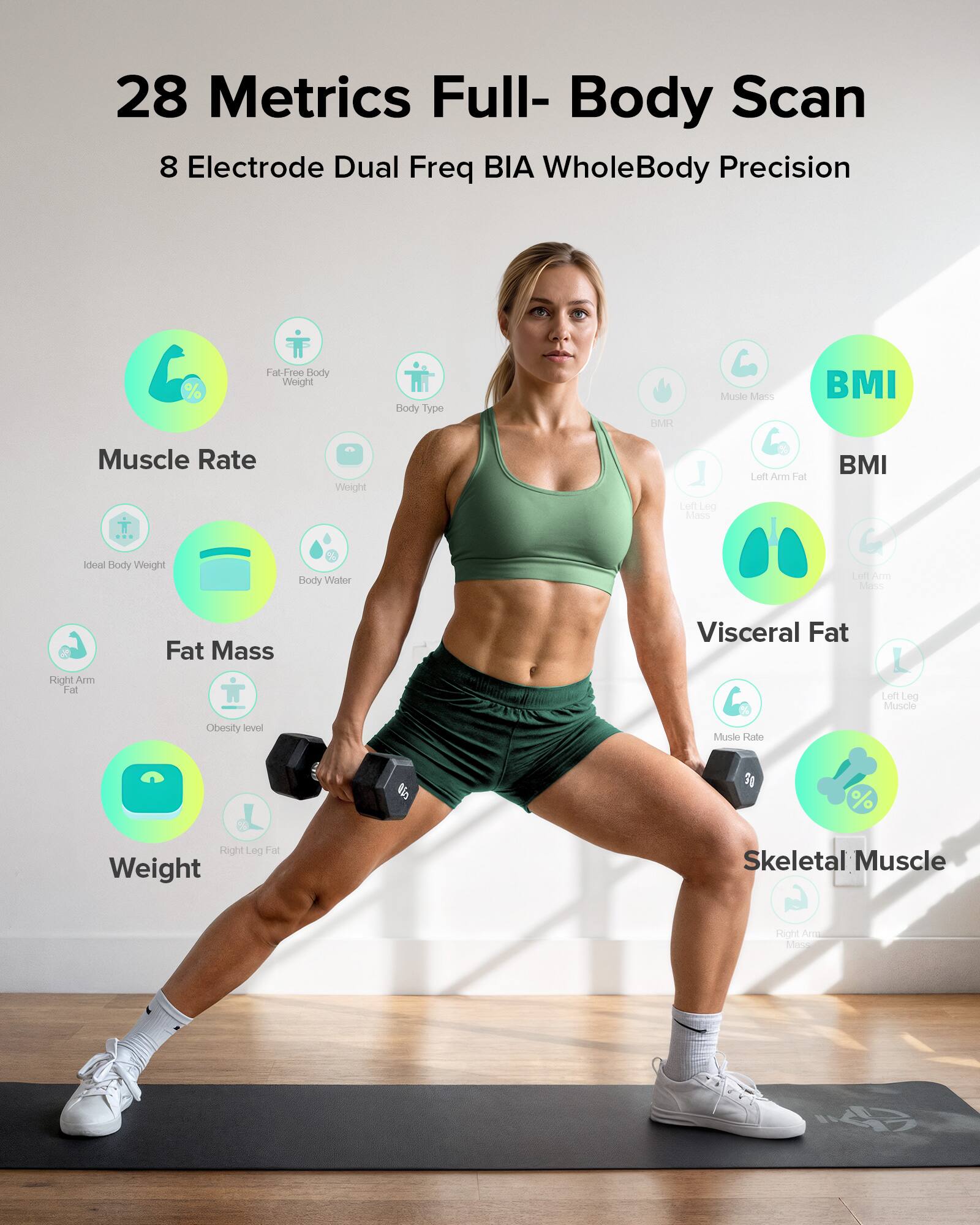 28 Metrics Full-Body Scan  
8 Electrode Dual Freq BIA WholeBody Precision  

- Muscle Rate  
- Fat-Free Body Weight  
- Body Type  
- BMI  
- Muscle Mass  
- Body Water  
- Fat Mass  
- Visceral Fat  
- Weight  
- Skeletal Muscle  
- Ideal Body Weight  
- Body Water  
- Right Arm Fat  
- Obesity Level  
- Left Arm Fat  
- Left Leg Muscle  
- Right Leg Fat  
- Right Arm Muscle  
- Left Leg Muscle  
- Left Arm Muscle  
- BMI  
- Visceral Fat  
- Muscle Rate  
- Body Water  
- Right Leg Fat  
- Left Leg Muscle  
- Right Arm Muscle  
- Left Arm Muscle