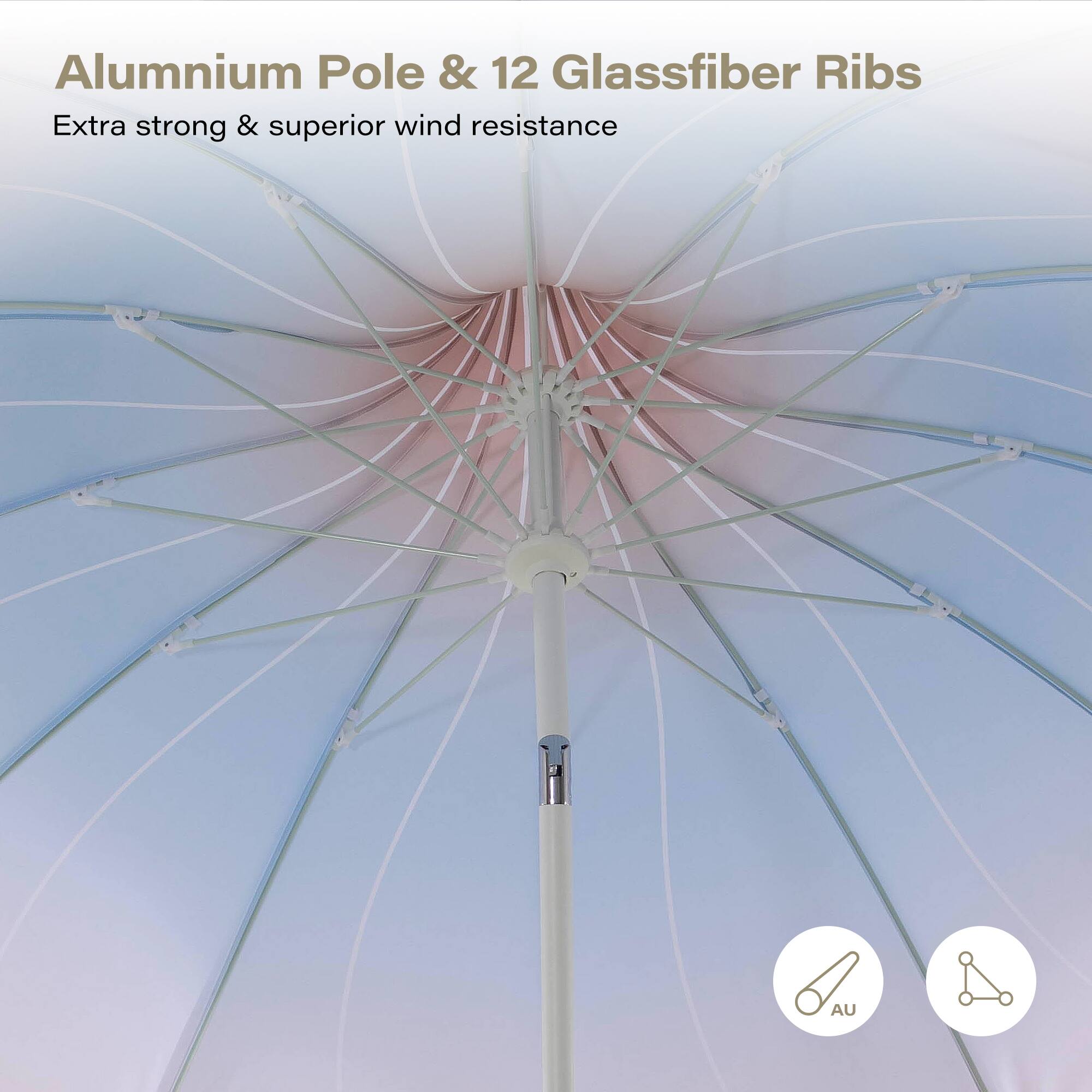 Aluminium Pole & 12 Glassfiber Ribs  
Extra strong & superior wind resistance