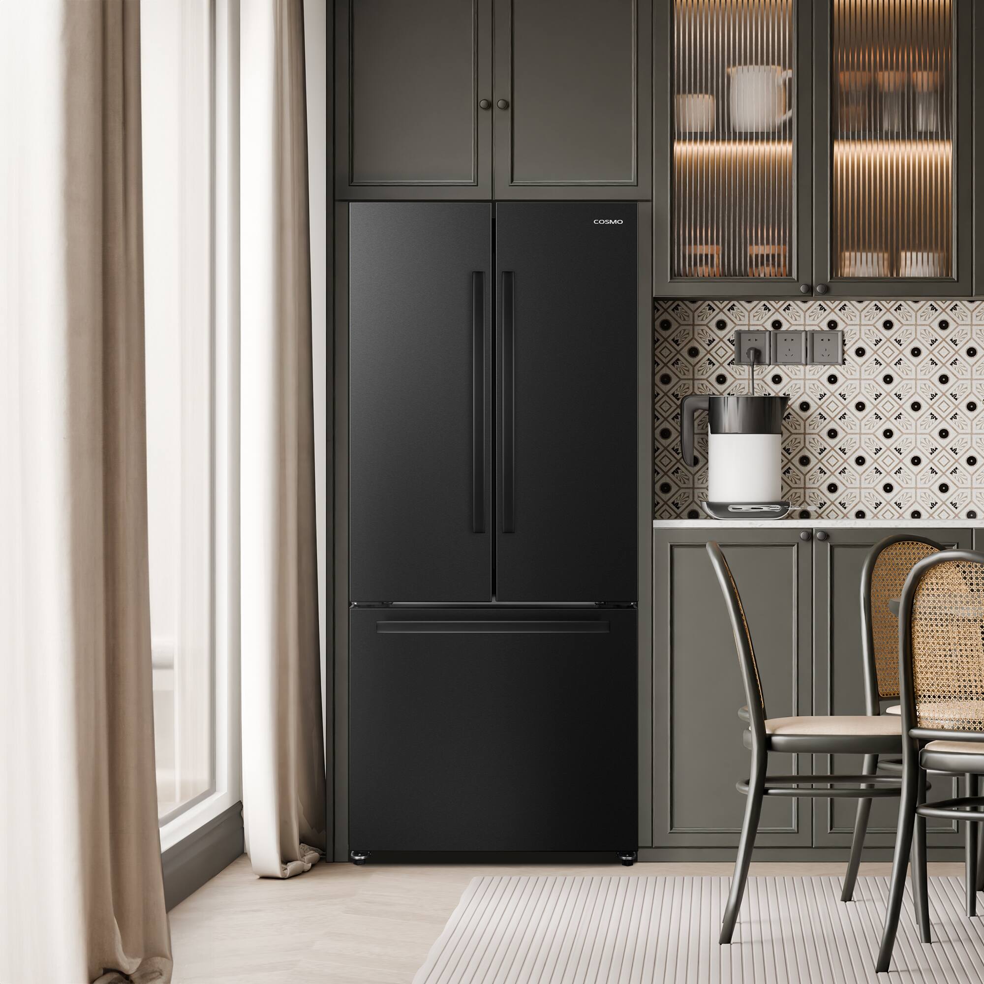 Angle. COSMO - COS-RFFV183GHBK 30 in. Vista Collection 17.5 cu. ft. Counter Depth 3-Door French Door Refrigerator, Freezer Drawer - Matte Black.
