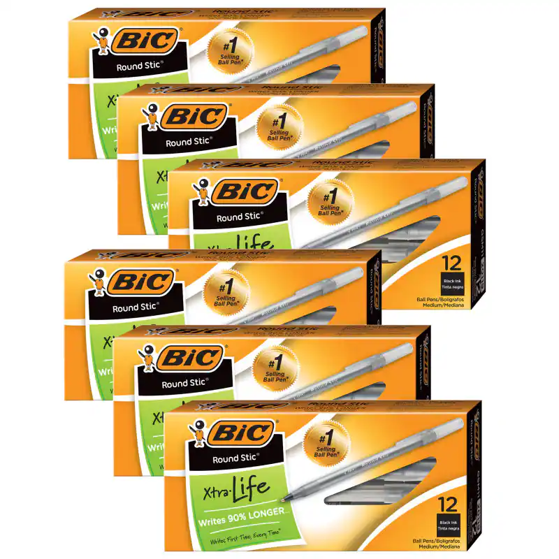 BIC - Round Stic Pen, Medium Point, Black, 12 Per Pack, 6 Packs