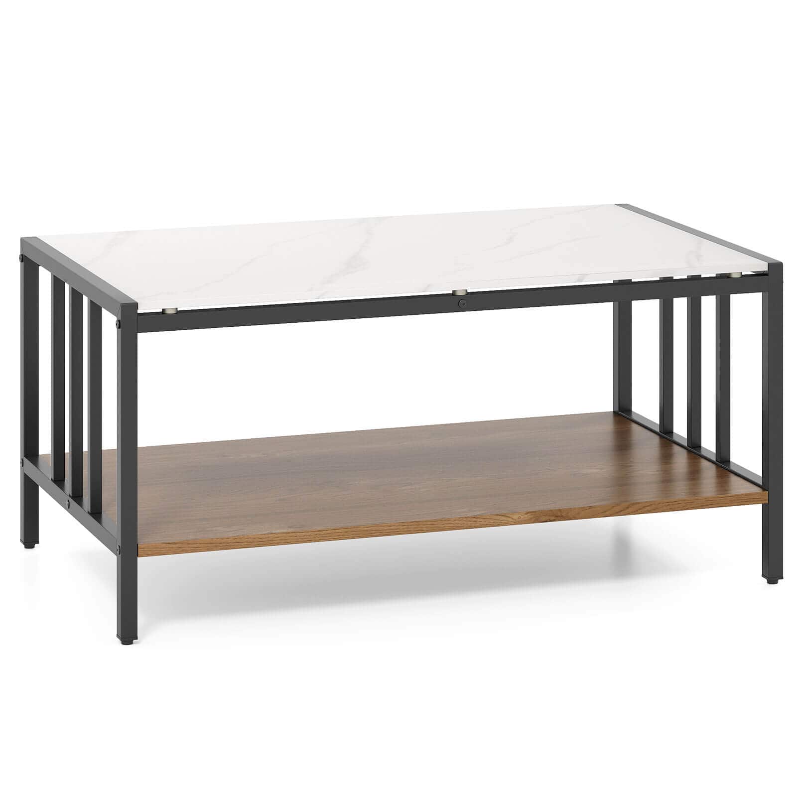 Costway - 2-Tier Rectangular Coffee Table with Rock Slab Tabletop Open Shelf for Living Room - White price history on PriceWatchPro