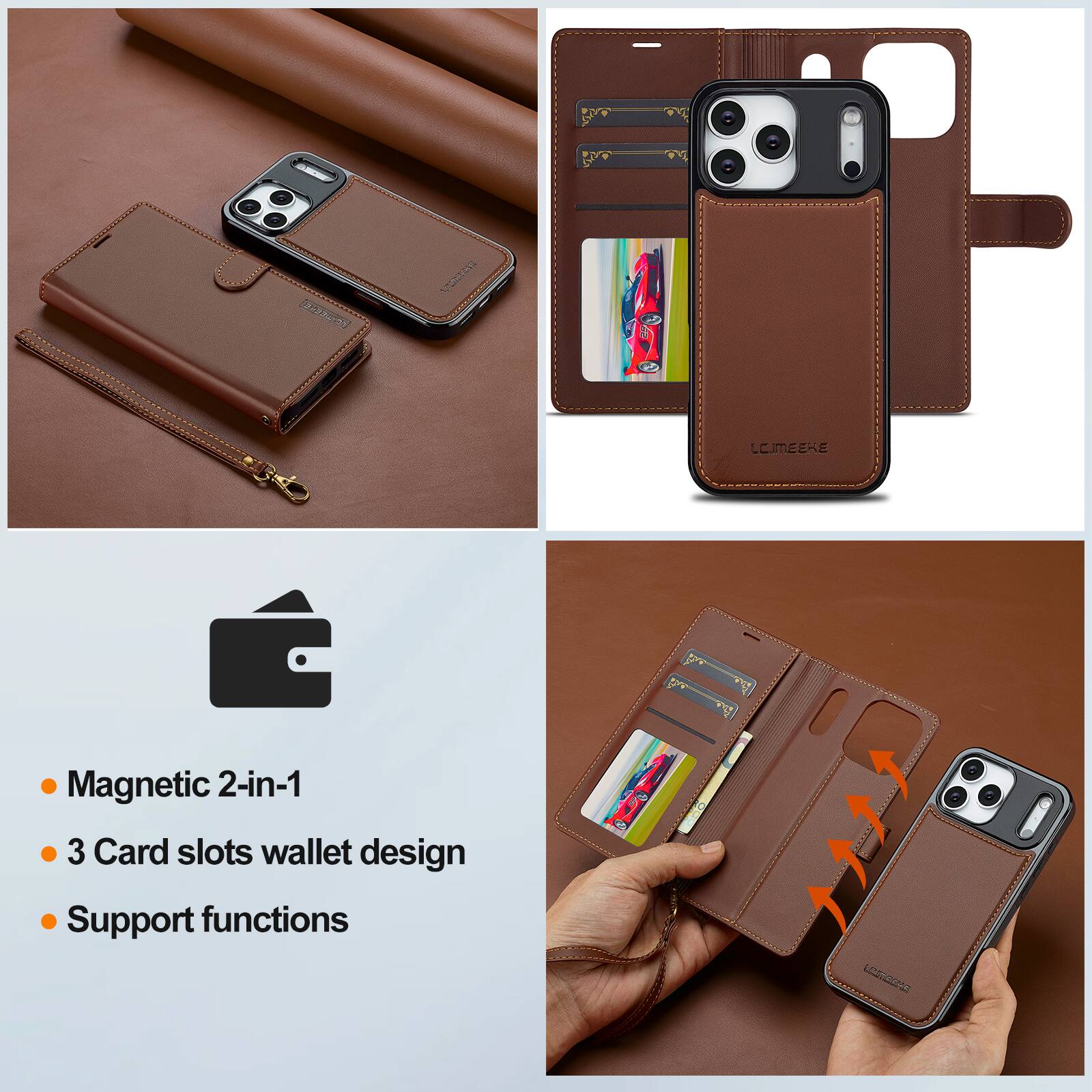 LEIMEIKE  
Magnetic 2-in-1  
3 Card slots wallet design  
Support functions