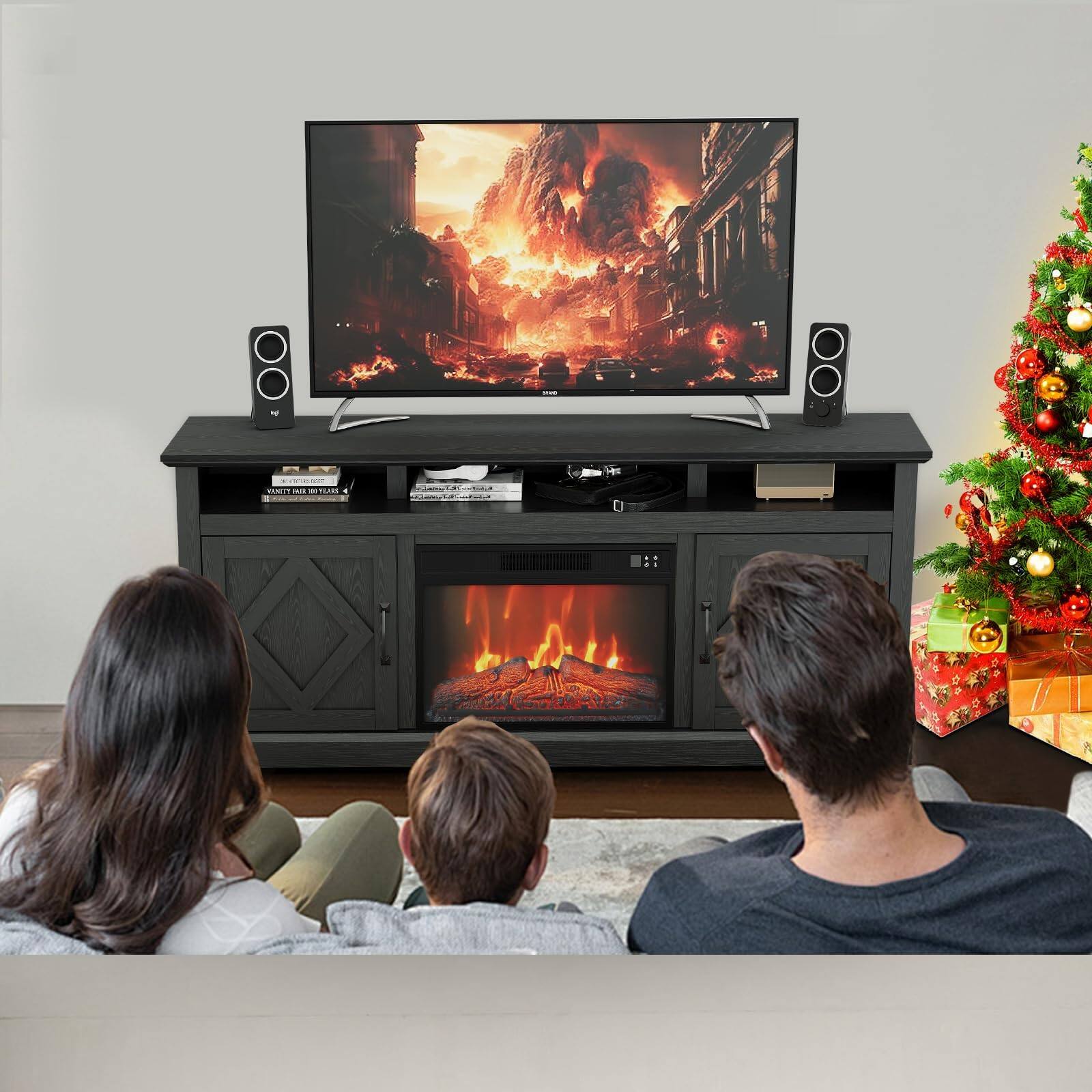 Alt View 4. Acekool - 67" Fireplace TV Stand with Mantel, 23" Slim Electric Insert with 12-Color Flames, App & Remote Control - Gray.