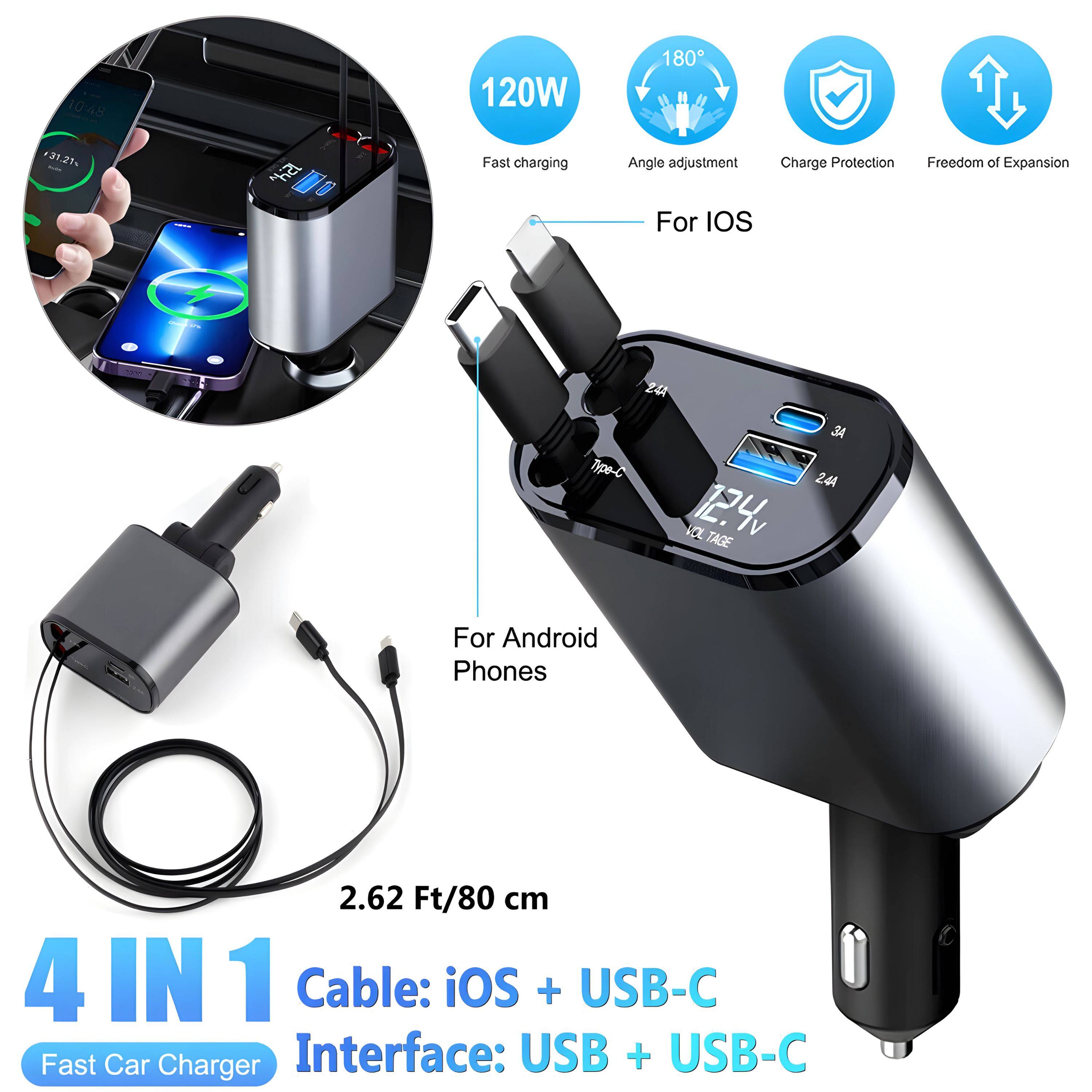 10:48 120W 180 121.21 21% "ha - Fast charging Angle adjustment For iOS Charge Protection Freedom of Expansion z4 Type-C CK 12.4v TAGE S4 244 For Android Phones 2.62 Ft/80 cm 4 IN 1 Cable: iOS + USB-C Fast Car Charger Interface: USB + USB-C

120W  
Fast charging  
Angle adjustment  
Charge Protection  
Freedom of Expansion  

For iOS  
For Android Phones  

2.62 Ft/80 cm  

4 IN 1  
Cable: iOS + USB-C  
Interface: USB + USB-C  
Fast Car Charger