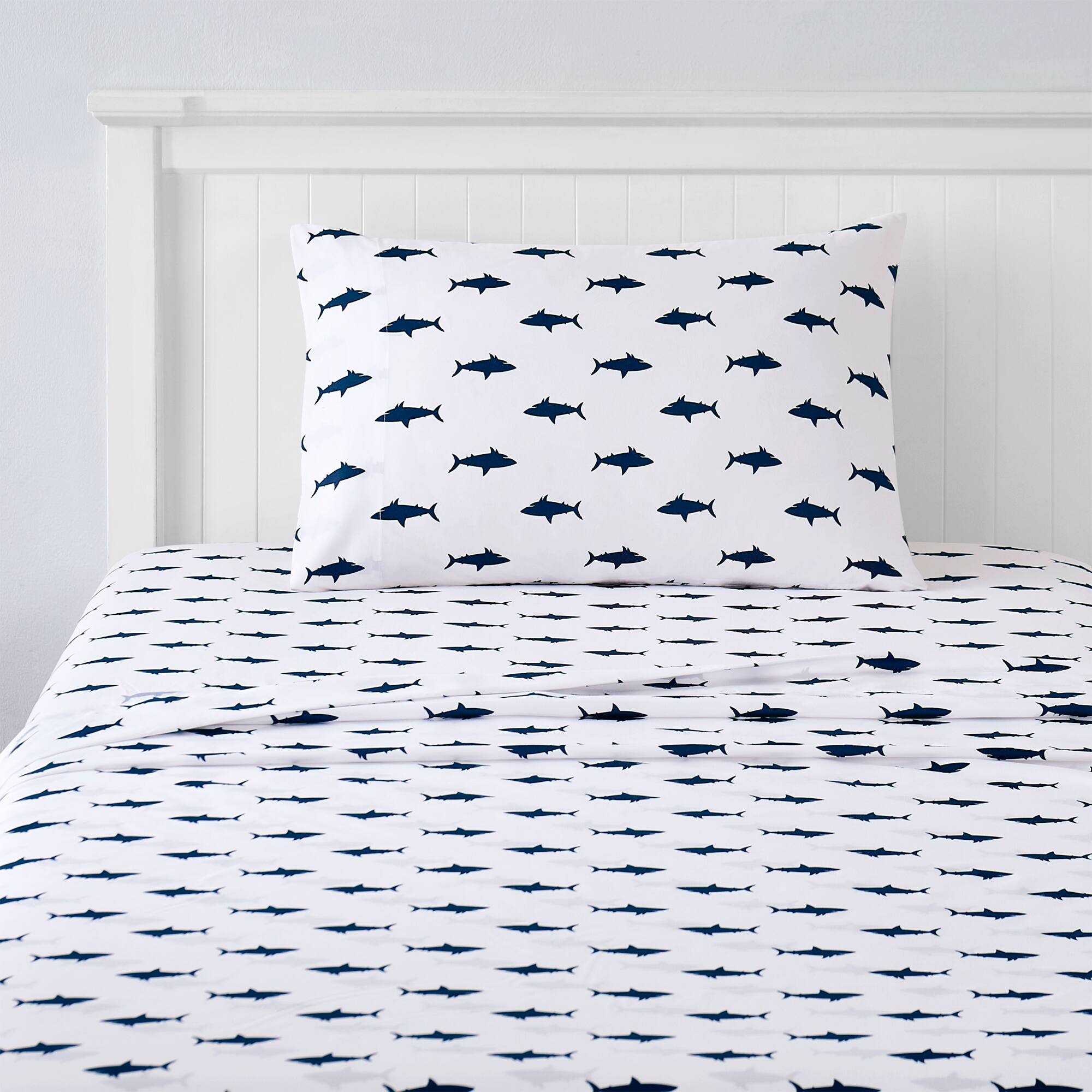 Angle. Sweet Home Collection - Kids' Printed Classic & Bright Ultra Soft Microfiber Sheet Sets - Full - Sharks.