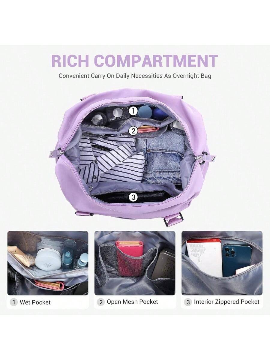RICH COMPARTMENT  
Convenient Carry On Daily Necessities As Overnight Bag  

1. Wet Pocket  
2. Open Mesh Pocket  
3. Interior Zippered Pocket