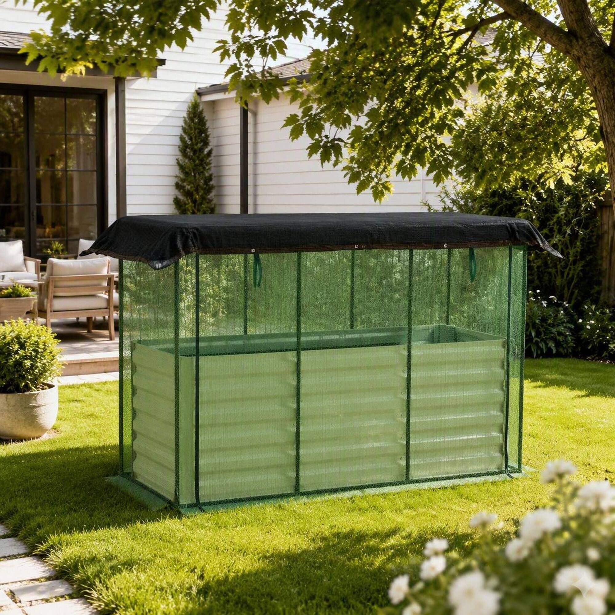 Angle. RYHNUYNE - Raised Garden Bed with Crop Cage and Shade Cloth, Galvanized Steel Planter Box with Open Bottom for Vegetables - Beige.