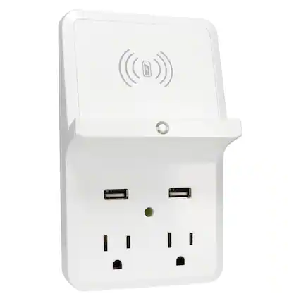 Front. PRIME - Wireless Charging Dock Wall Tap, 2 Outlets, Dual USB Charger - White.
