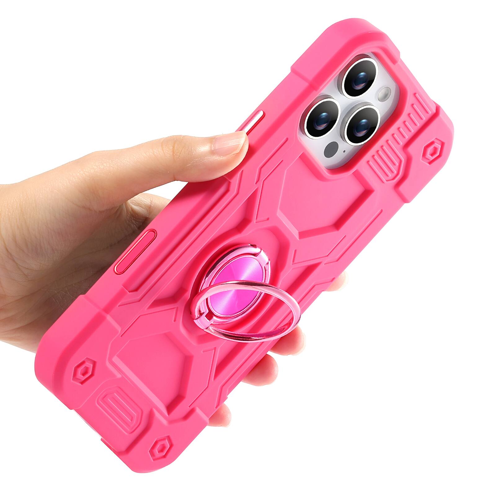 Angle. UUCOVER - Rugged Protective Case for iPhone 16 Pro Max ,Shockproof Silicone+PC Case with 360° Rotating Ring Kickstand Cover - Rose.