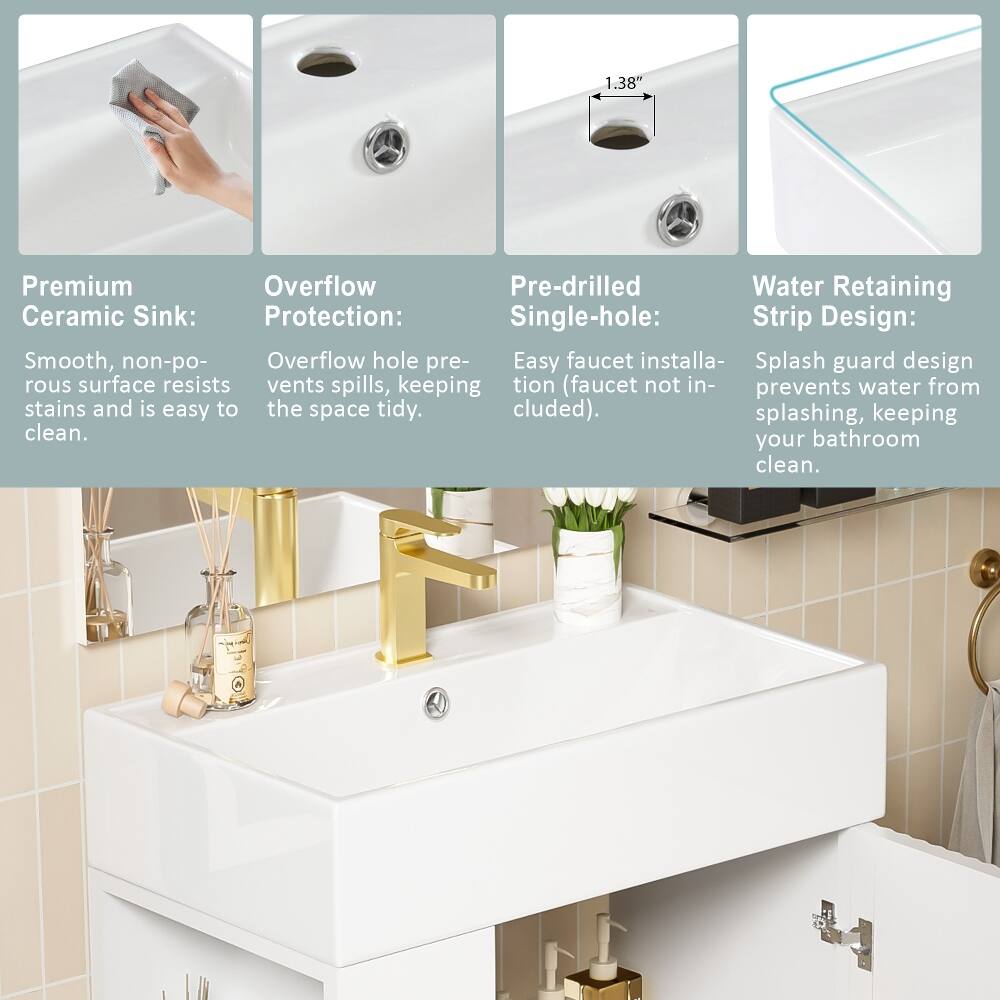 1.38" Premium Overflow Pre-drilled Water Retaining Ceramic Sink:  
- Protection: Single-hole  
- Strip Design:  
  - Smooth, non-porous surface resists stains and is easy to clean.  
  - Overflow hole pre-vents spills, keeping the space tidy.  
  - Easy faucet installation (faucet not included).  
  - Splash guard design prevents water from splashing, keeping your bathroom clean.