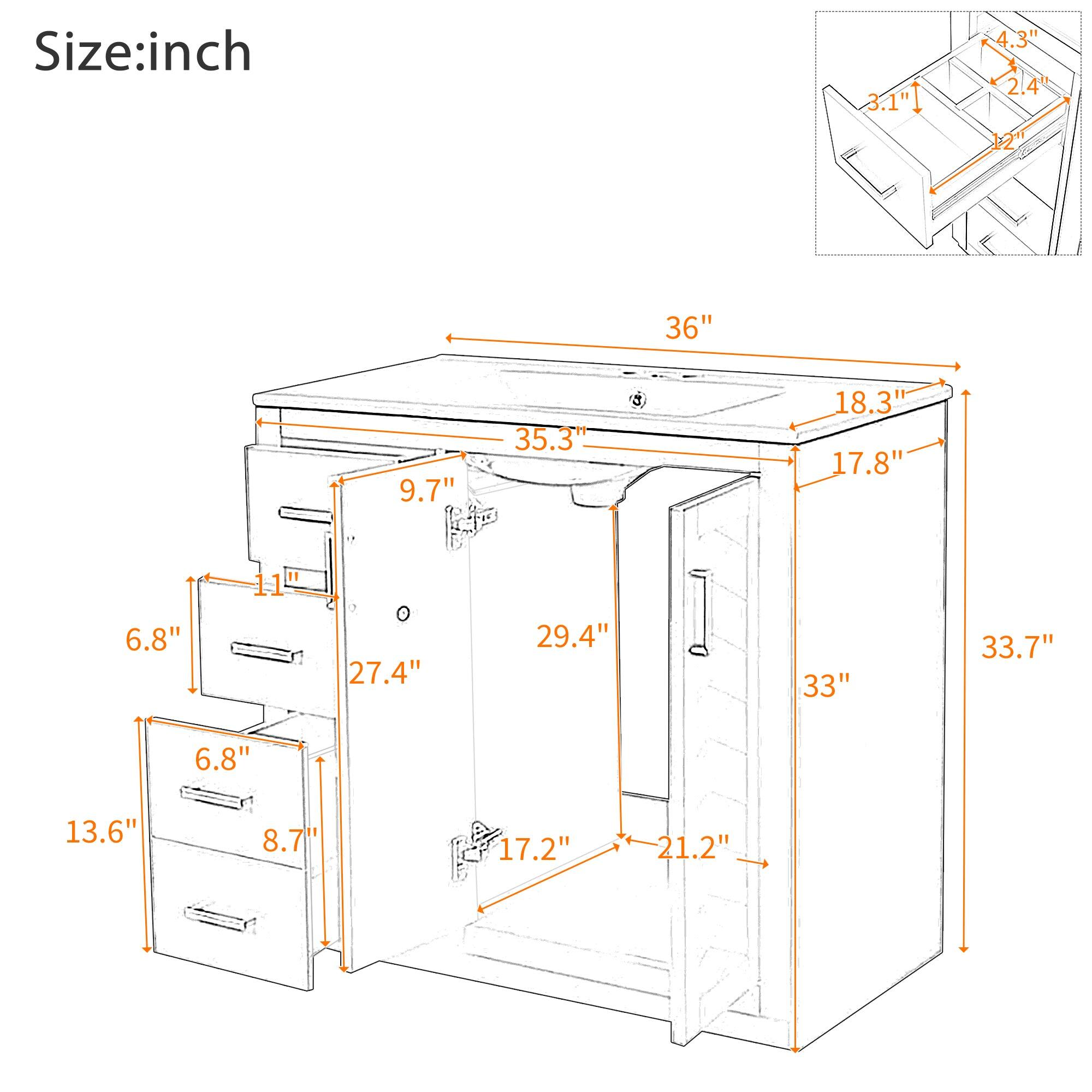 Size: inch  
3.1" 4.3" 2.4" 12" 36" 11" 35.3" 9.7" H 18.3" 17.8" 6.8" 27.4" 29.4" 33" 33.7" 6.8" 13.6" 8.7" 17.2" 21.2"