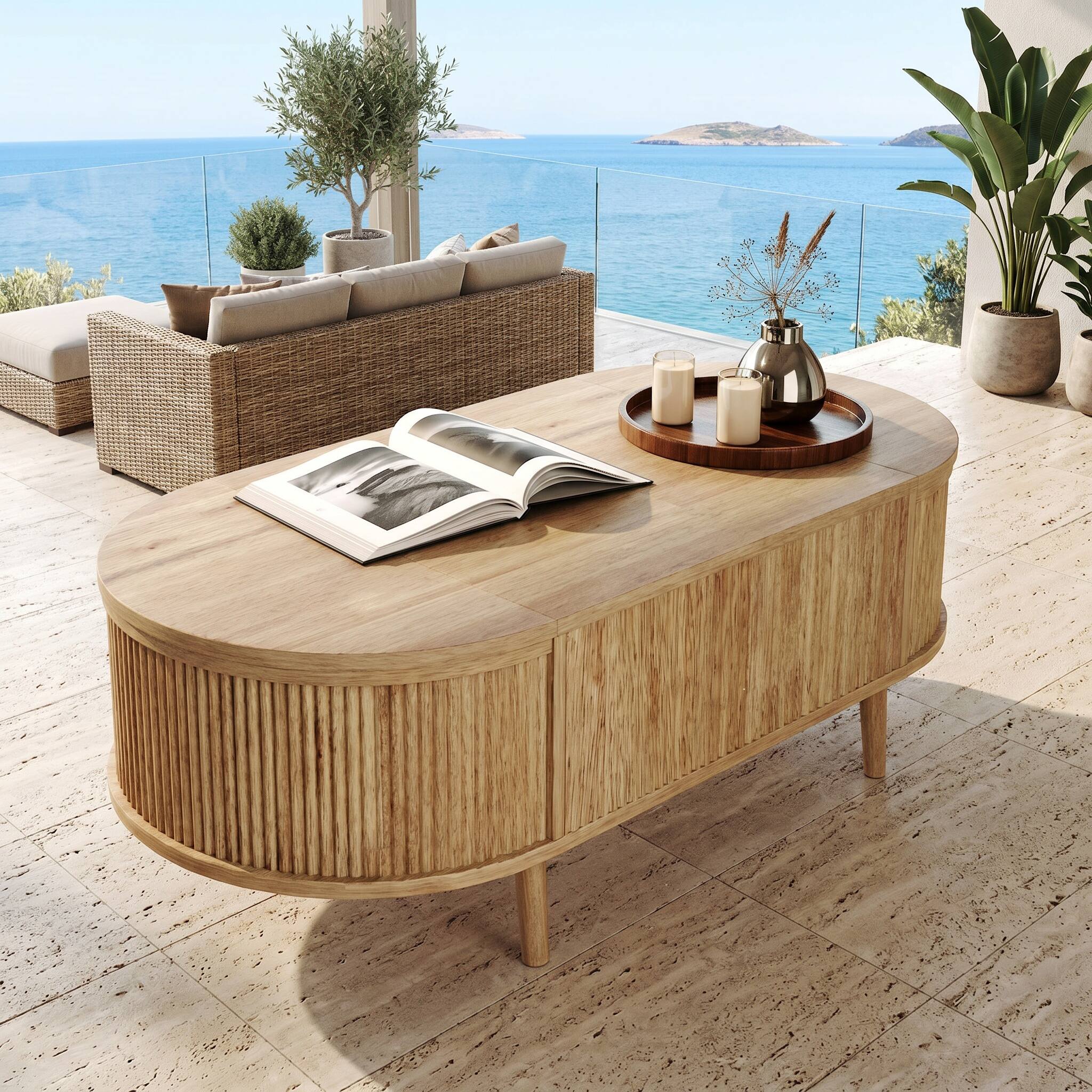 Alt View 9. Forest'nSky - Acacia Wood Oval Lift-Top Coffee Table with Hidden Storage and Wood Wave - Acacia Wood.