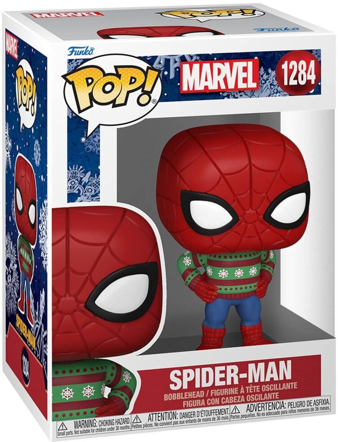 Sure, here is the corrected and grouped text from the image:

---

**Funko POP!**

**MARVEL 1284**

**SPIDER-MAN**

**BOBBLEHEAD / FIGURINE À TÊTE OSCILLANTE / FIGURA CON CABEZA OSCILANTE**

**WARNING: CHOKING HAZARD - Small parts. Not suitable for children under 36 months.**

**ATTENTION: DANGER D'ÉTOUFFEMENT - Petites pièces. Ne convient pas aux enfants de moins de 36 mois.**

**ADVERTENCIA: PEORIGRO DE ASFIXIA - Partes pequeñas. No es adecuado para niños menores de 36 meses.**

---

This text includes the brand, series number, character name, and safety warnings in English, French, and Spanish.