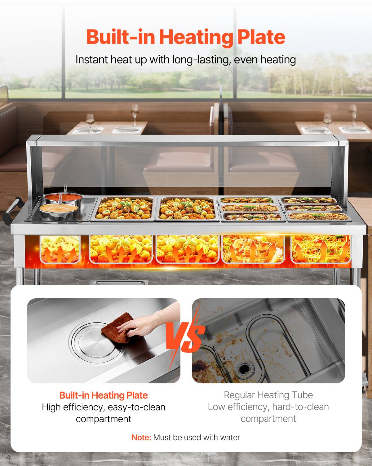 Built-in Heating Plate  
Instant heat up with long-lasting, even heating

VS

Built-in Heating Plate  
High efficiency, easy-to-clean compartment

Regular Heating Tube  
Low efficiency, hard-to-clean compartment

Note: Must be used with water
