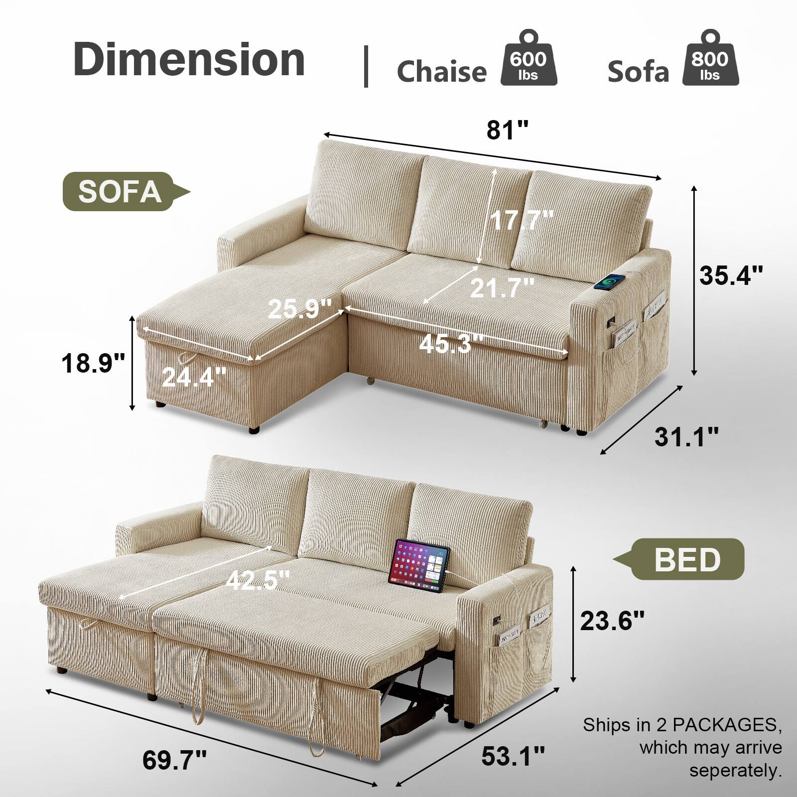 Left. Vipbear - Vipbear 81" Sleeper Sofa Bed with Pull Out Bed L Shaped Sectional Sleeper Sofa, Tool-Free Assembly,Corduroy Beige - Beige.
