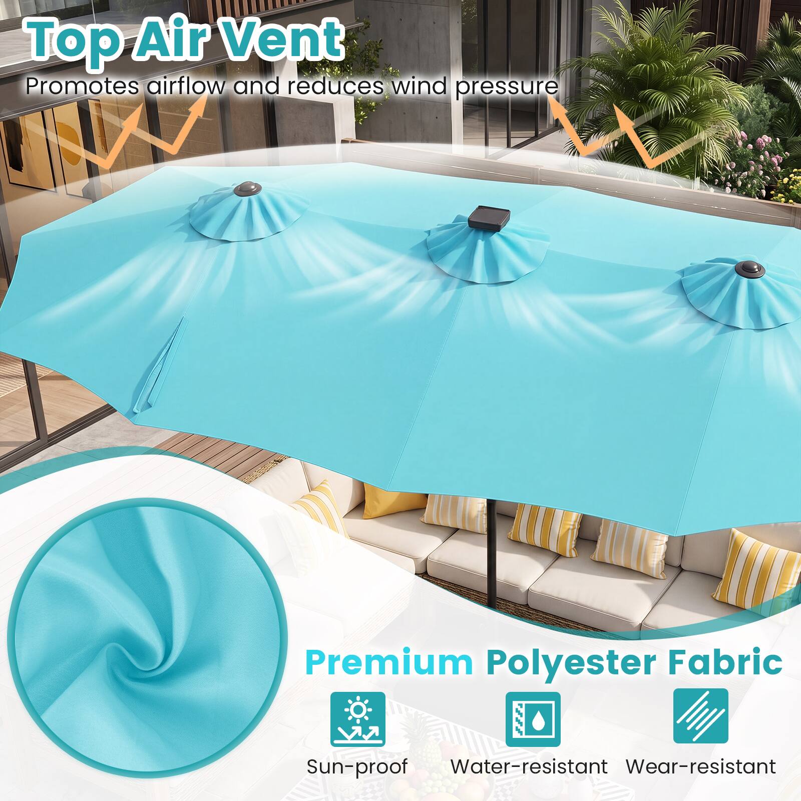 Top Air Vent Promotes airflow and reduces wind pressure

Premium Polyester Fabric

Sun-proof Water-resistant Wear-resistant