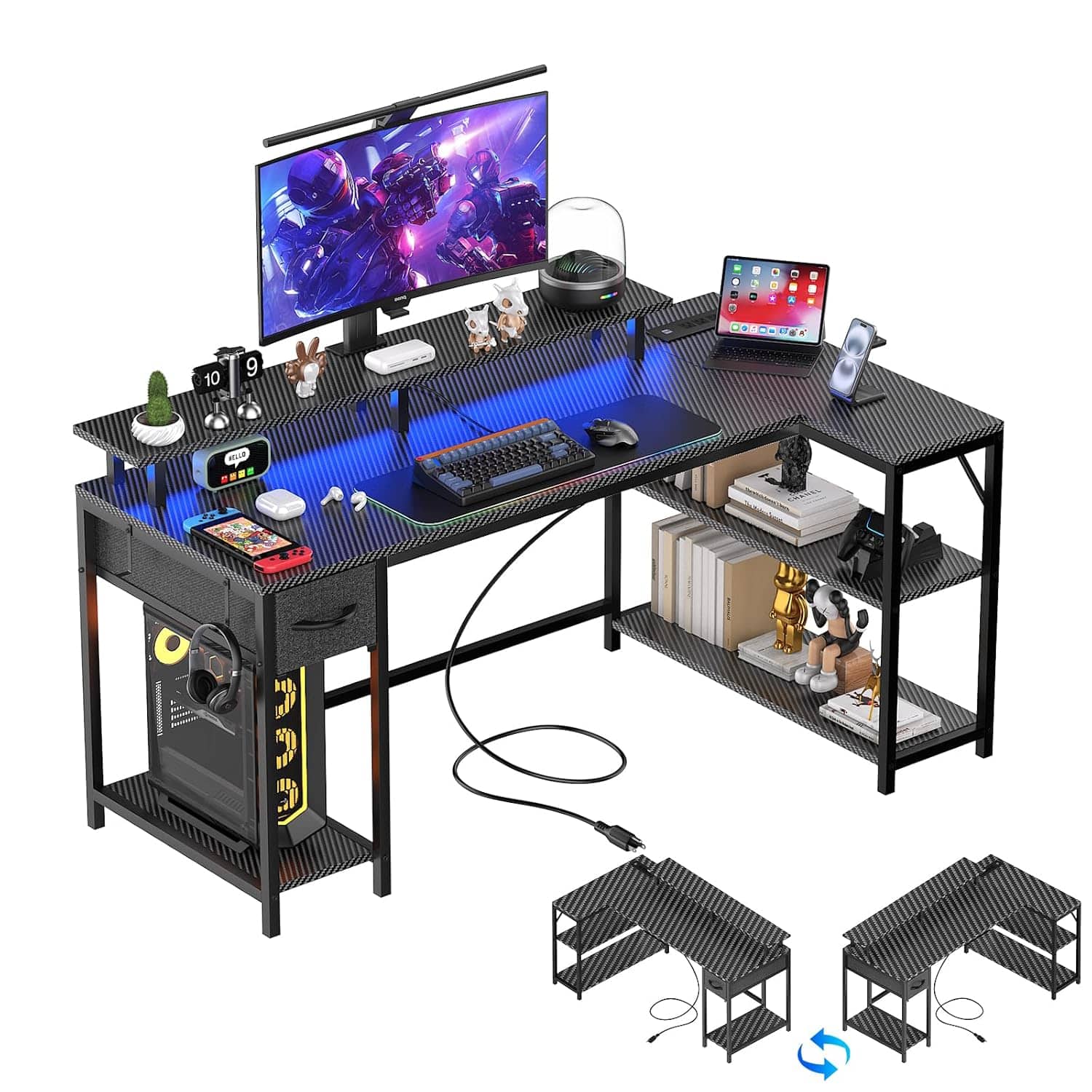 Zell Electronics - 47 Inch L-Shaped White DeskUSB Charging, LED, Hook, Drawer & Monitor Stand for Office or Home - Carbon Fiber Black