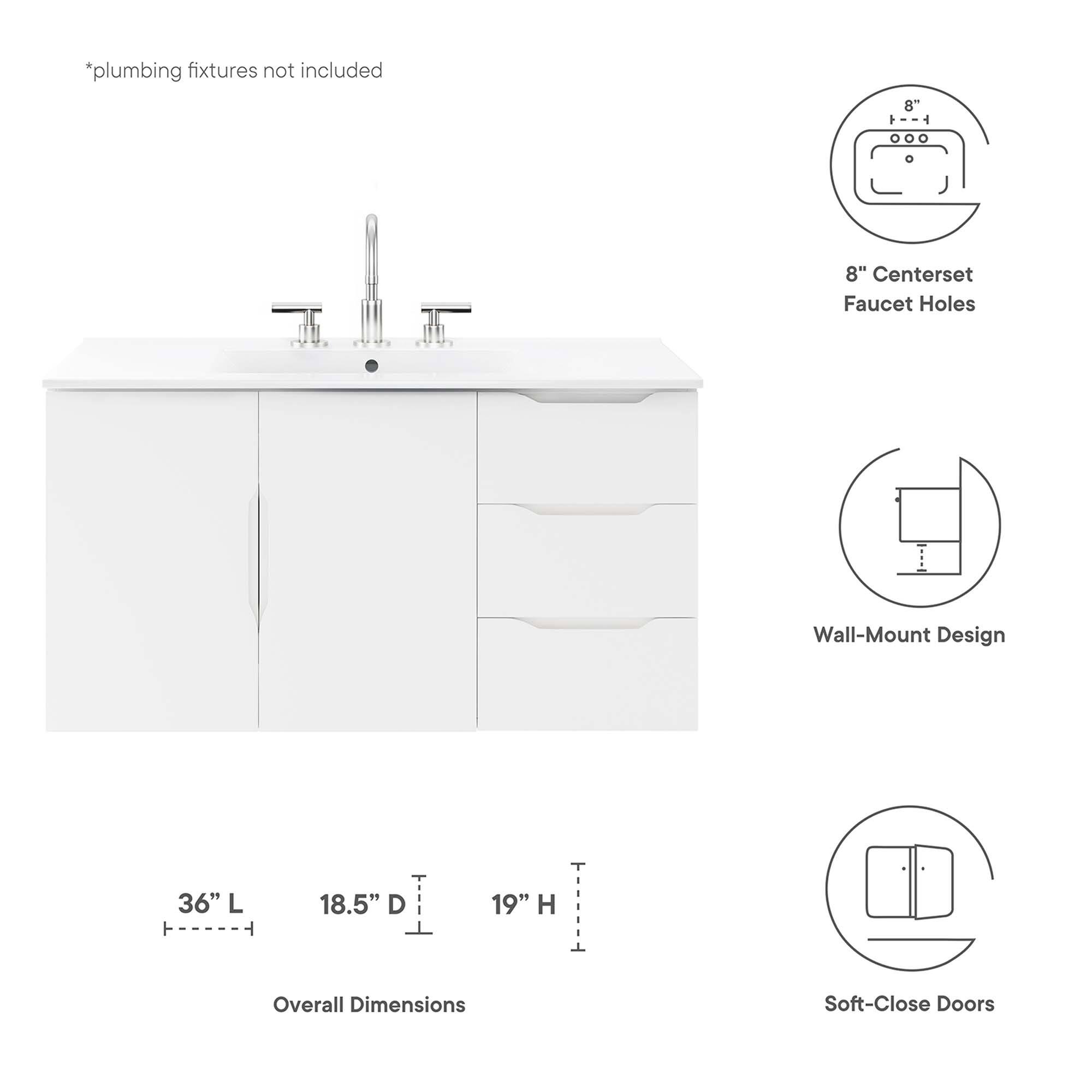 *plumbing fixtures not included

8" Centerset Faucet Holes

Wall-Mount Design

36" L x 18.5" D x 19" H Overall Dimensions

Soft-Close Doors
