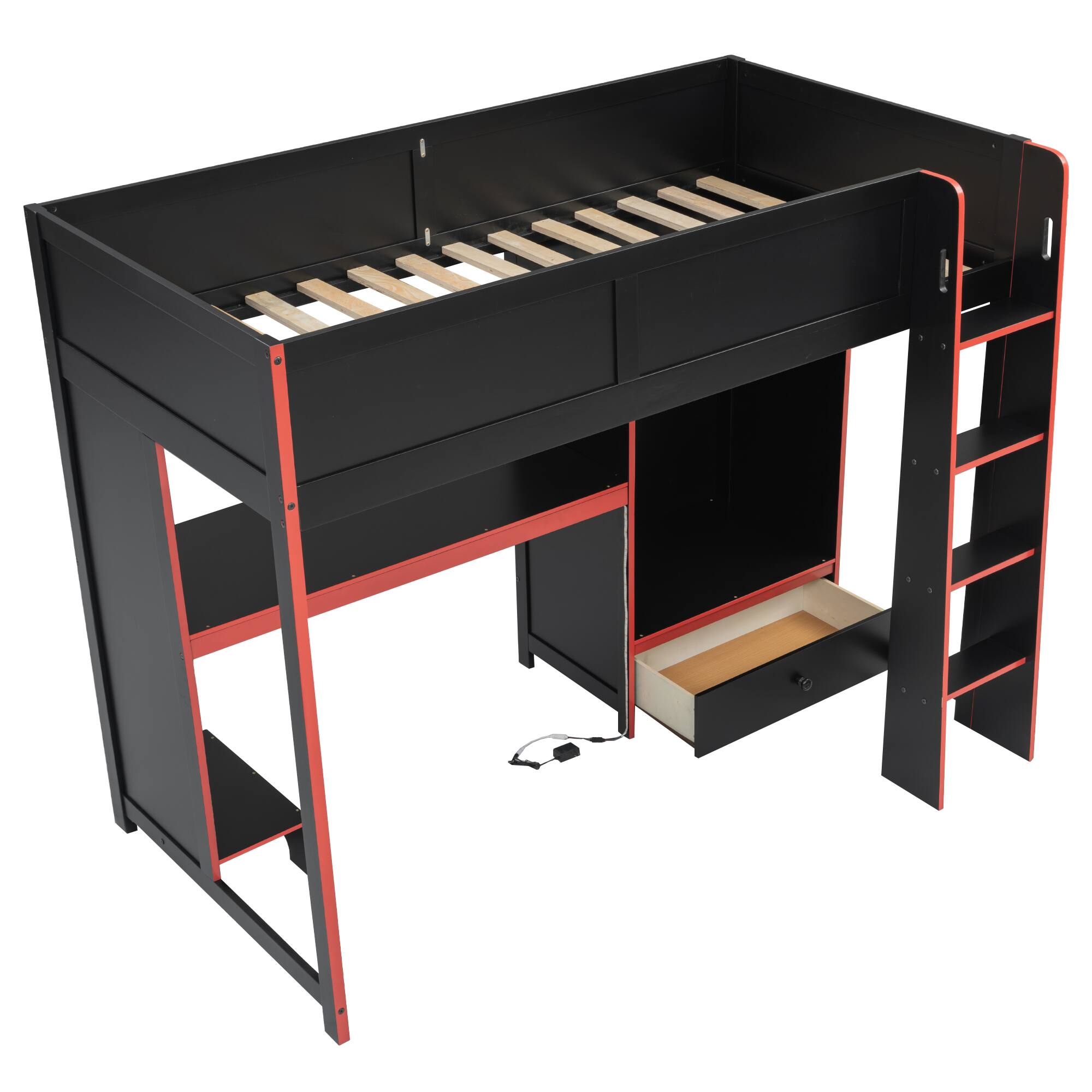 Alt View 2. Whisen - Twin Size Gaming Loft Bed with Desk, Wardrobe, Drawer & RGB LED Lights - Black.