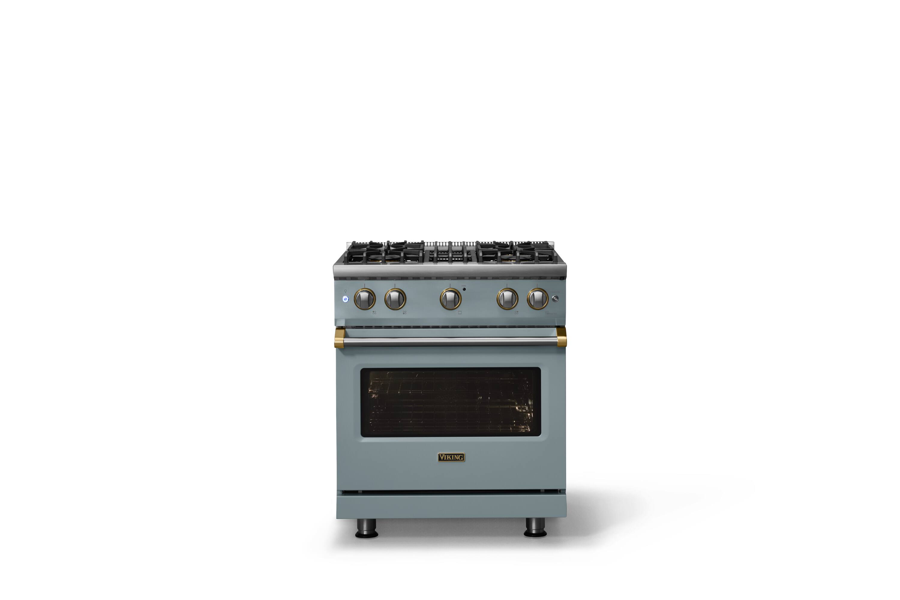 Alt View 1. Viking - 30 in. Wide Pro 5 Series 4.0 Cu. Ft. Freestanding Sealed 4 Burner Gas Convection Range - November Sky/Brushed Brass - November Sky.