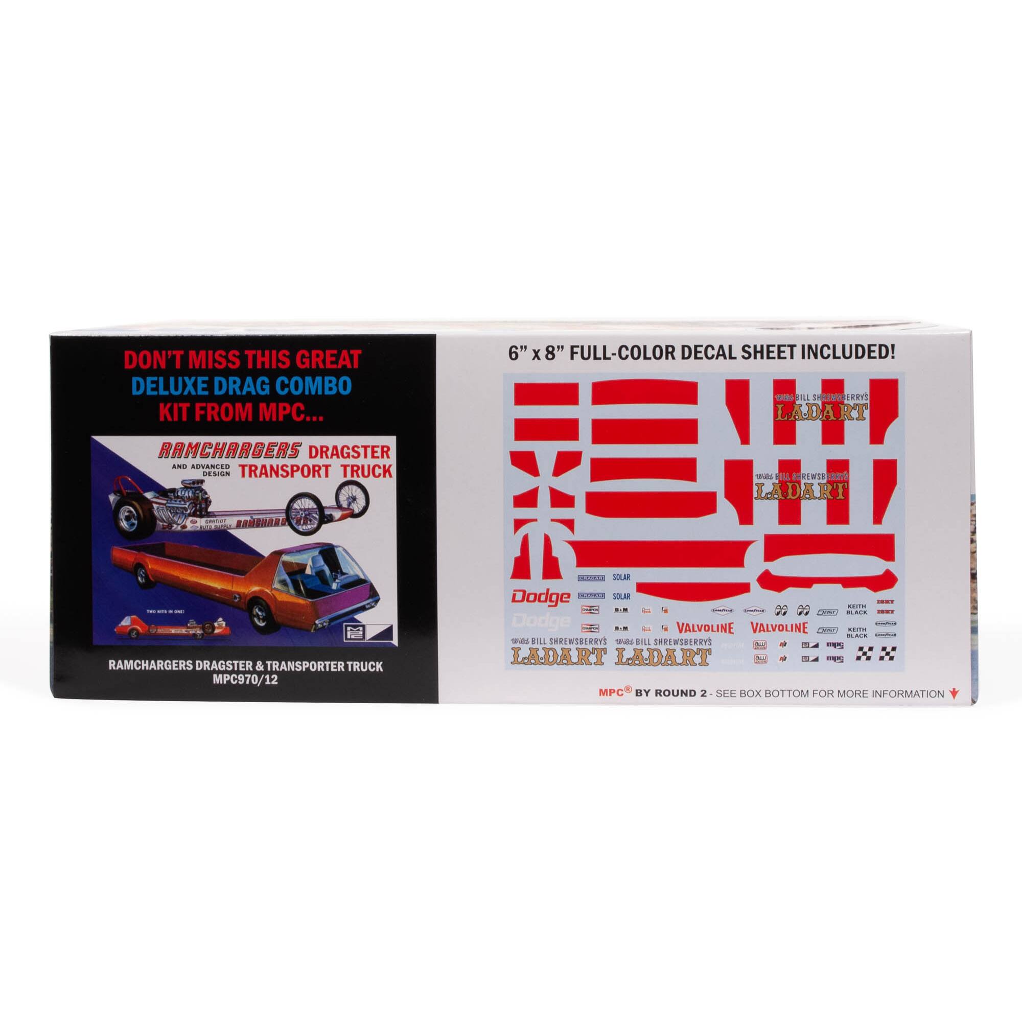 Don't miss this great deluxe drag combo kit from MPC... 6" x 8" full-color decal sheet included! - All the themed decals and artwork for the Ladart Ramchargers dragster and transport truck - MPC970/12 ...I. Sa Dodge ... S I adidas 22 ... I Dodge VALVOLINE VALVOLINE ... A0E. d. add DSA DnERLRaVs s IL SHREWSBERRVS 1 3 N F LADART  MPC HY ROUND 2 See Otto for more information.