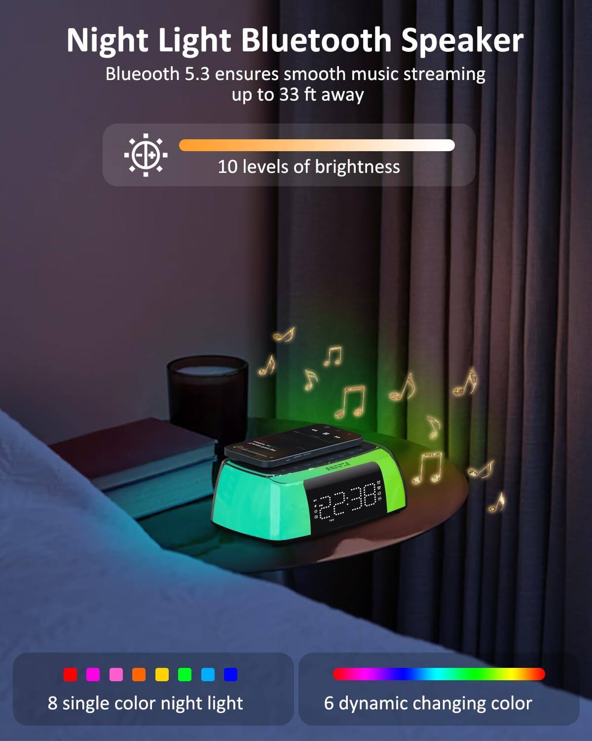 Night Light Bluetooth Speaker

Bluetooth 5.3 ensures smooth music streaming up to 33 ft away

10 levels of brightness

8 single color night light

6 dynamic changing color
