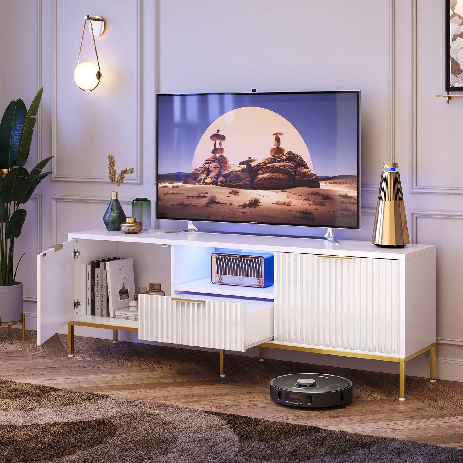 "Bestier - 55"" Fluted Gaming TV Stand for 60"" TV Sleek Media Console with Wave-Patterned Buffet Cabinet - Bright White" price history on PriceWatchPro